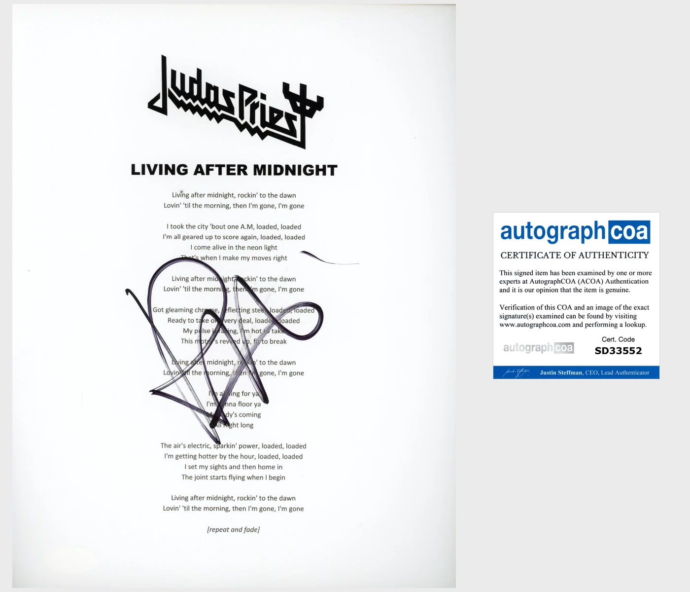 ROB HALFORD SIGNED JUDAS PRIEST LIVING AFTER MIDNIGHT LYRIC w/EXACT PROOF & COA