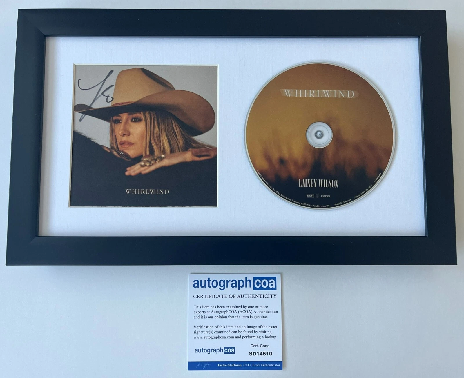 LAINEY WILSON SIGNED WHIRLWIND FRAMED & MATTED CD w/ AUTOGRAPH COA ACOA