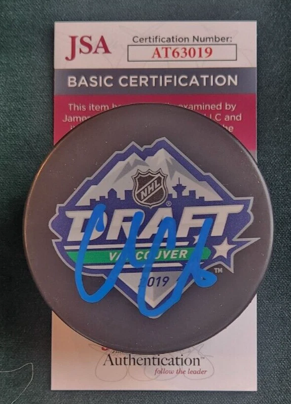 Cole Caufield Signed 2019 NHL Draft Puck w/ JSA COA #AT63019 Montreal Canadiens