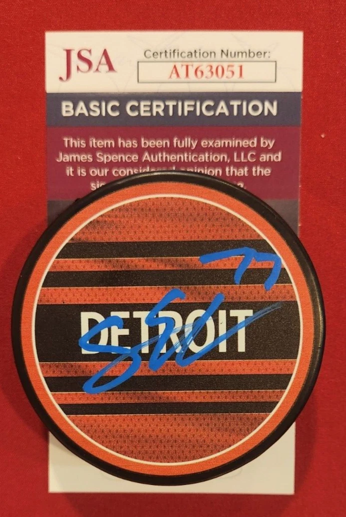 Simon Edvinsson Signed Reverse Retro Puck w/ JSA COA #AT63051 Detroit Red Wings
