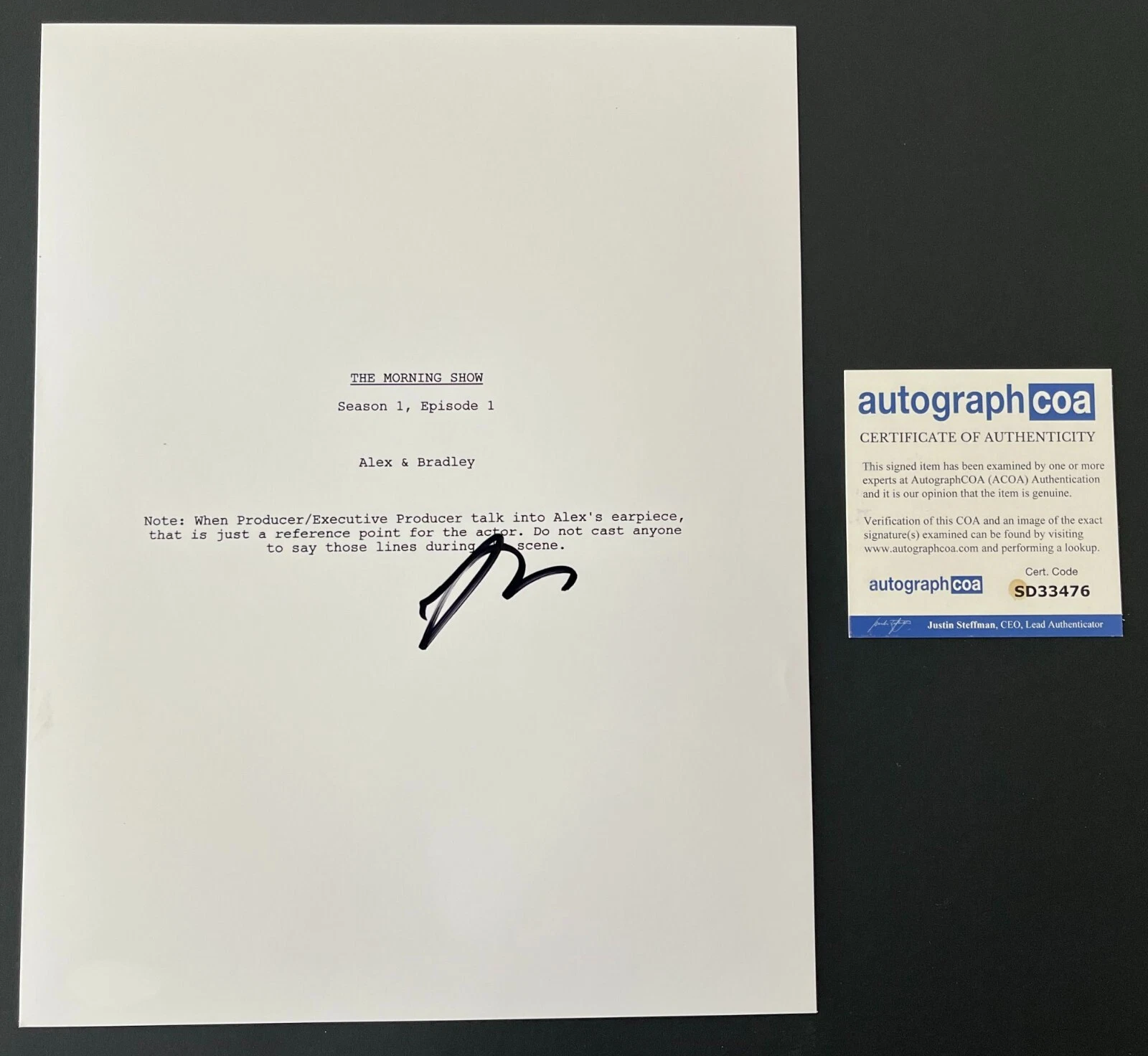 BILLY CRUDUP SIGNED THE MORNING SHOW PILOT SCRIPT COVER w/PROOF & AUTOGRAPH COA