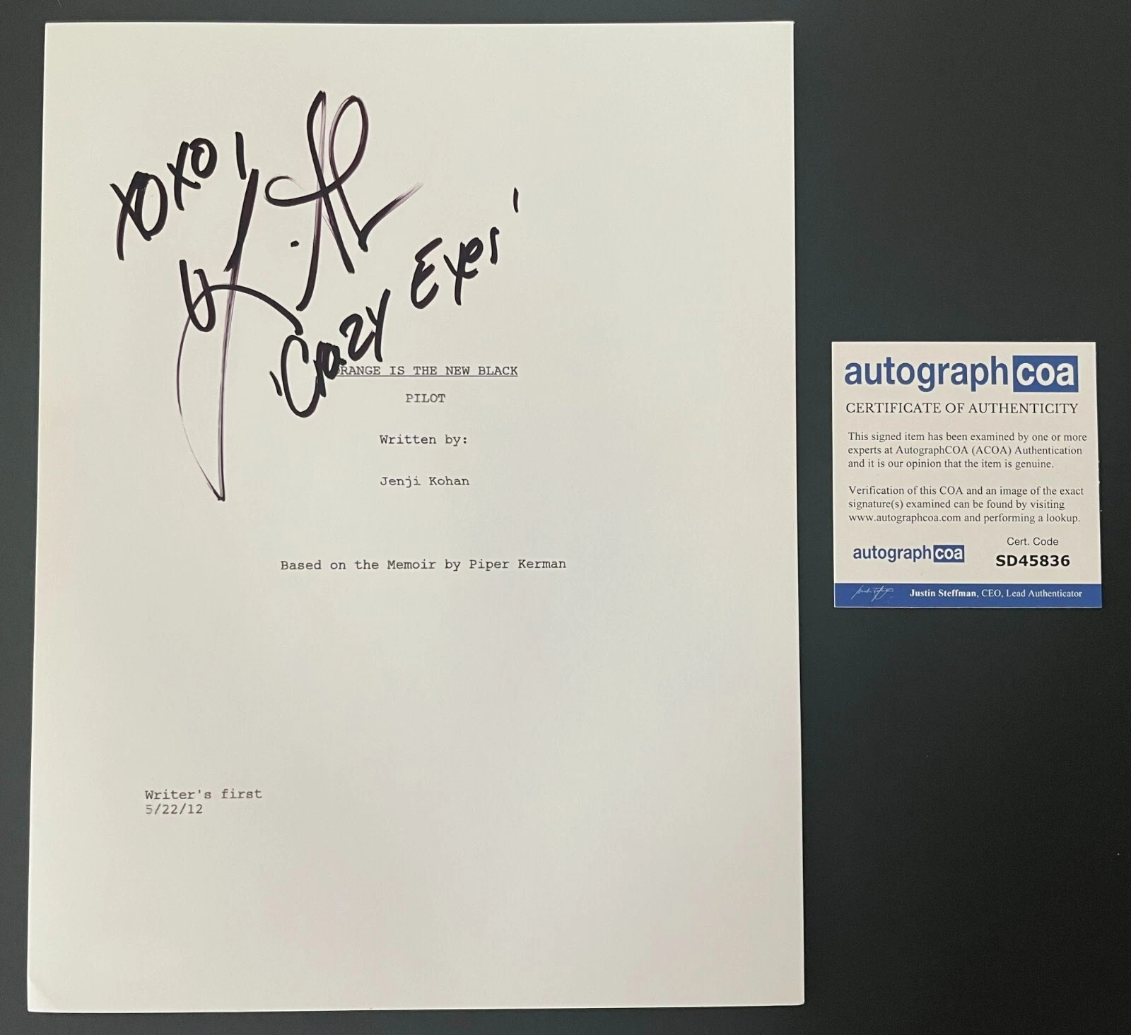 UZO ADUBA CRAZY EYE SIGNED ORANGE IS THE NEW BLACK SCRIPT w/PROOF AUTOGRAPH COA