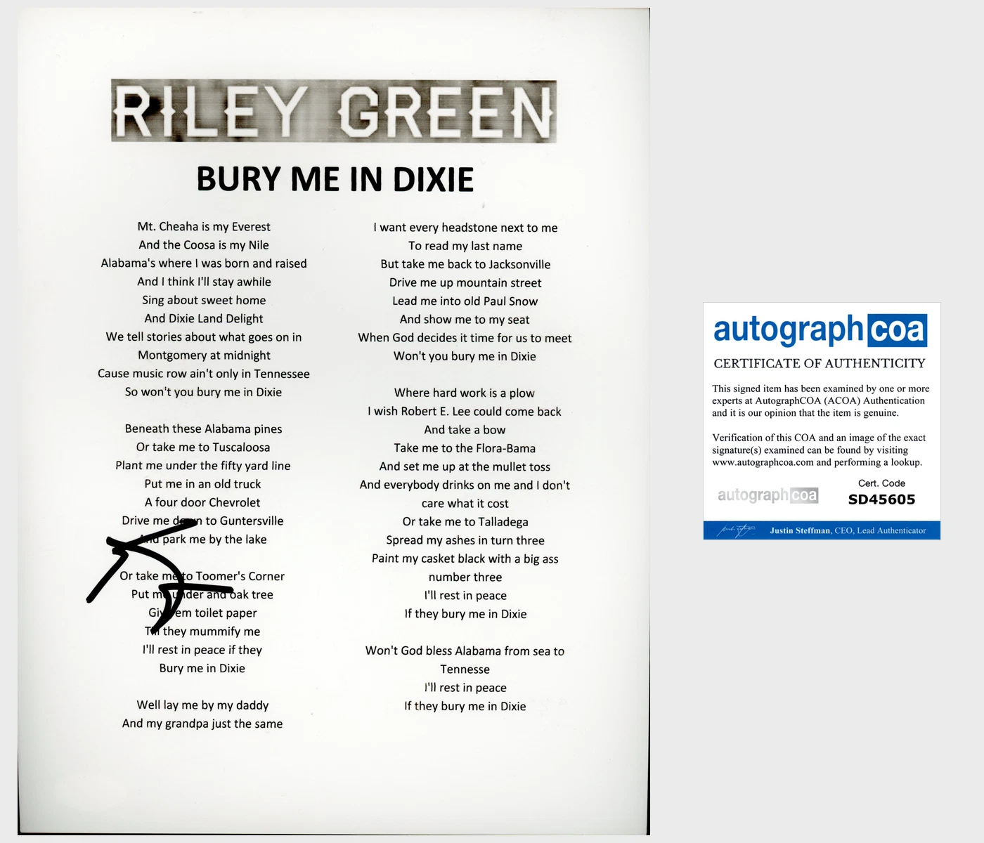 RILEY GREEN SIGNED BURY ME IN DIXIE LYRIC SHEET w/PROOF & AUTOGRAPH COA ACOA