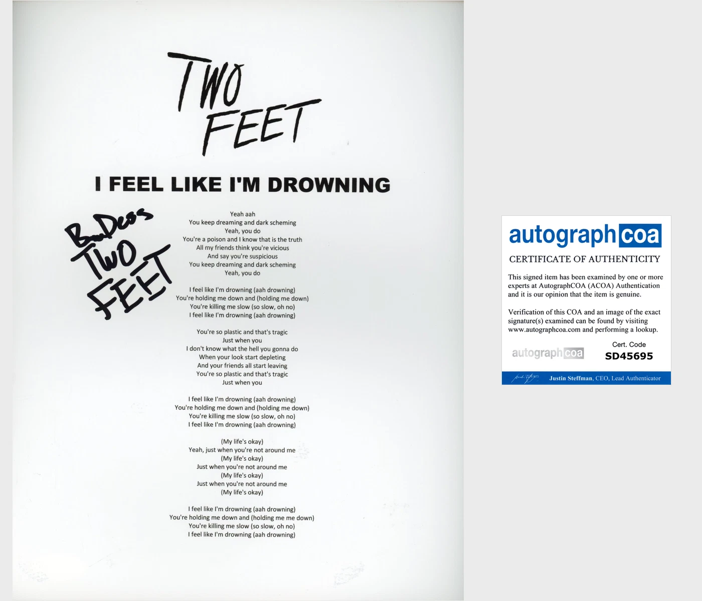 TWO FEET SIGNED I FEEL LIKE I’M DROWNING LYRIC SHEET W/EXACT PROOF AUTOGRAPH COA COLLECTIBLE MEMORABILIA