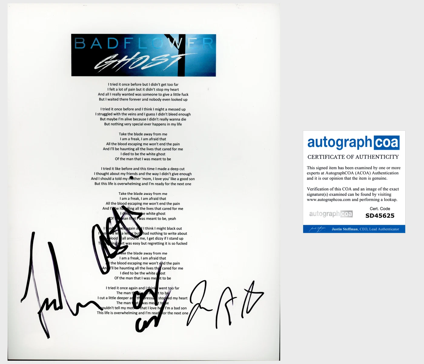 BADFLOWER BAND JOSH KATZ +3 SIGNED GHOST LYRIC SHEET W/PROOF & AUTOGRAPH COA COLLECTIBLE MEMORABILIA