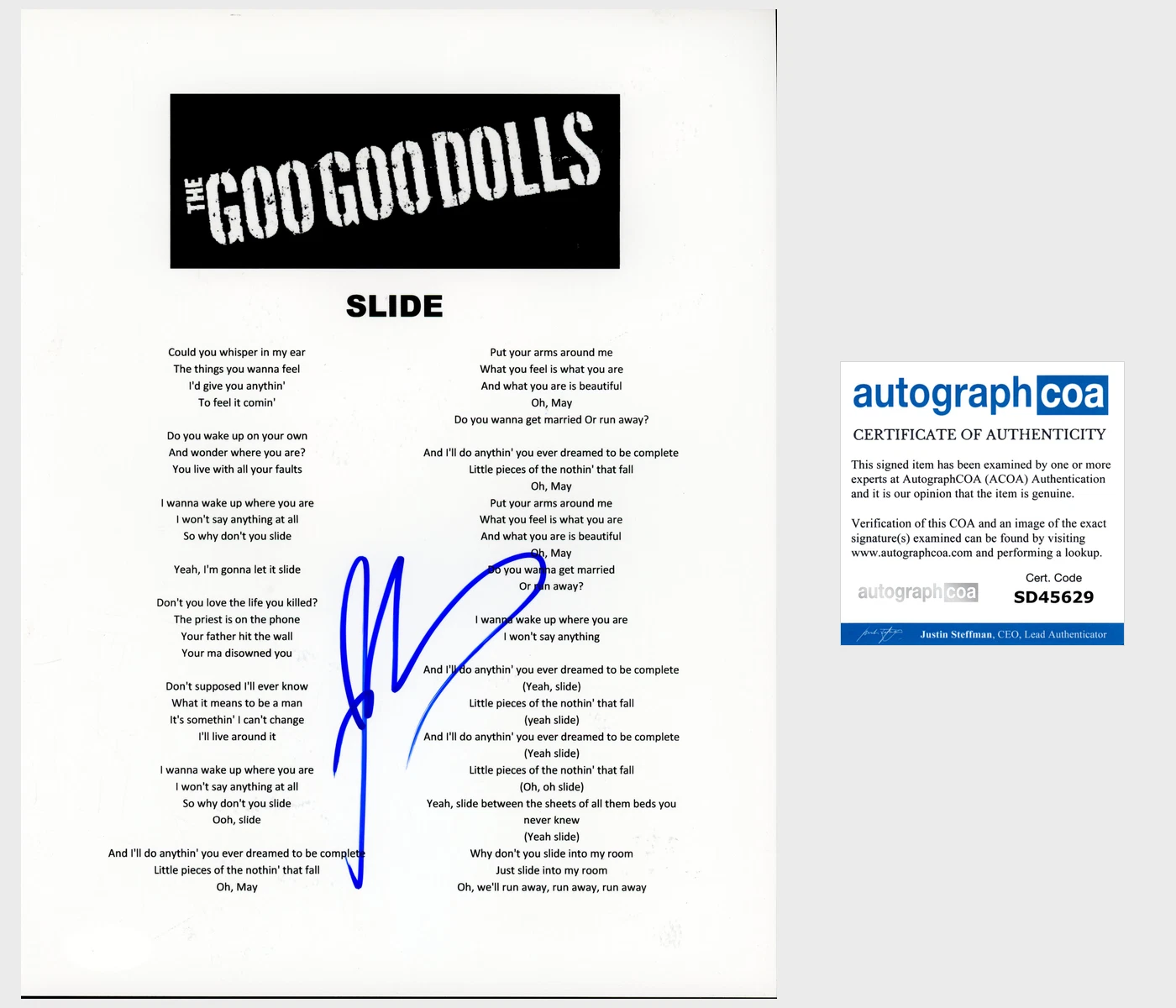 JOHNNY RZEZNIK SIGNED GOO GOO DOLLS SLIDE LYRIC SHEET w/PROOF & AUTOGRAPH COA