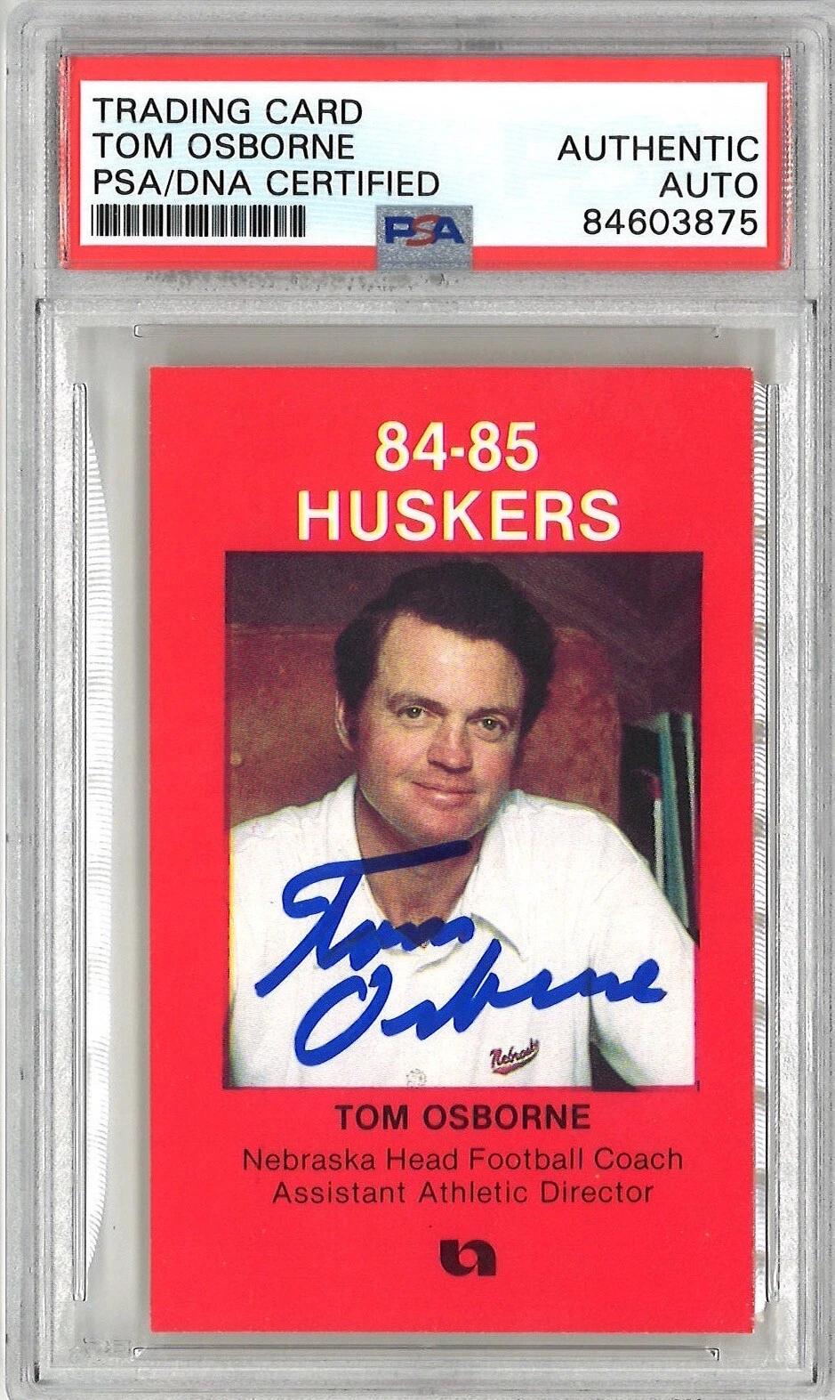 TOM OSBORNE SIGNED 1984-85 COCA COLA LINCOLN POLICE CARD PSA DNA CORNHUSKERS