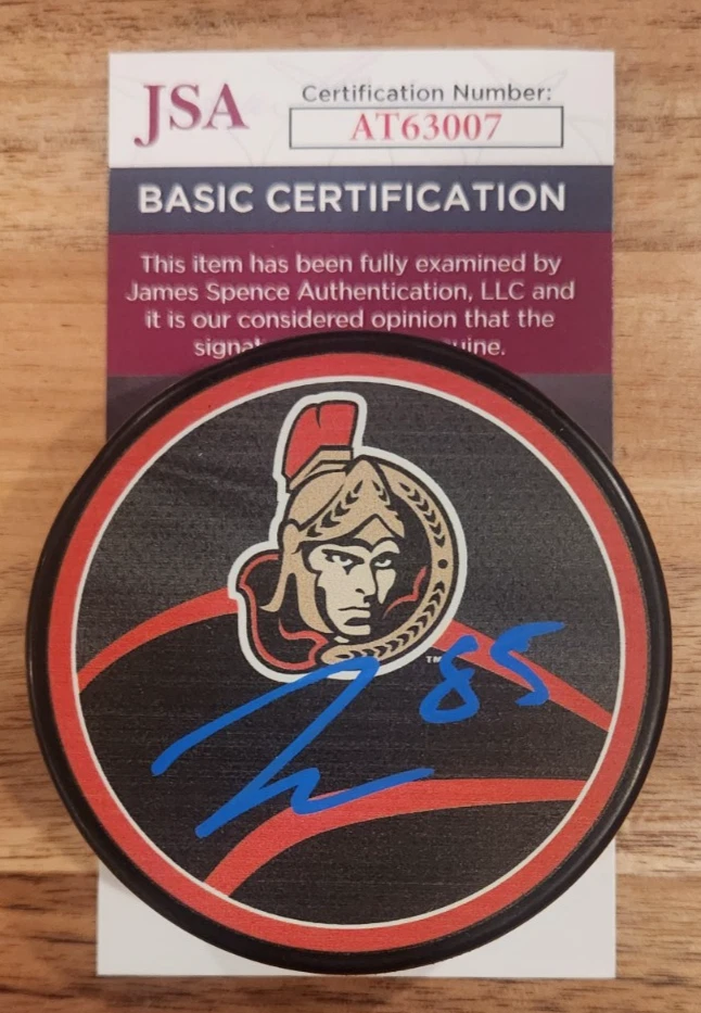 Jake Sanderson Signed Reverse Retro Puck w/ JSA COA #AT63007 Ottawa Senators