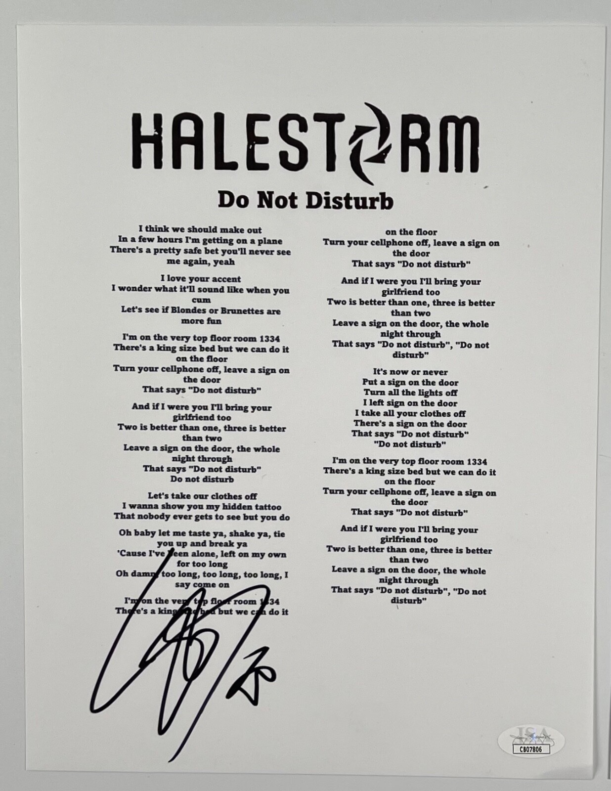 Hailstorm Lzzy Hale JSA Autograph Signed Music Lyric Sheet I Gett Off