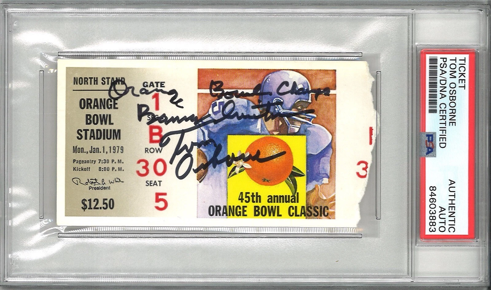 TOM OSBORNE & BARRY SWITZER SIGNED ORANGE BOWL TICKET PSA DNA 84603883