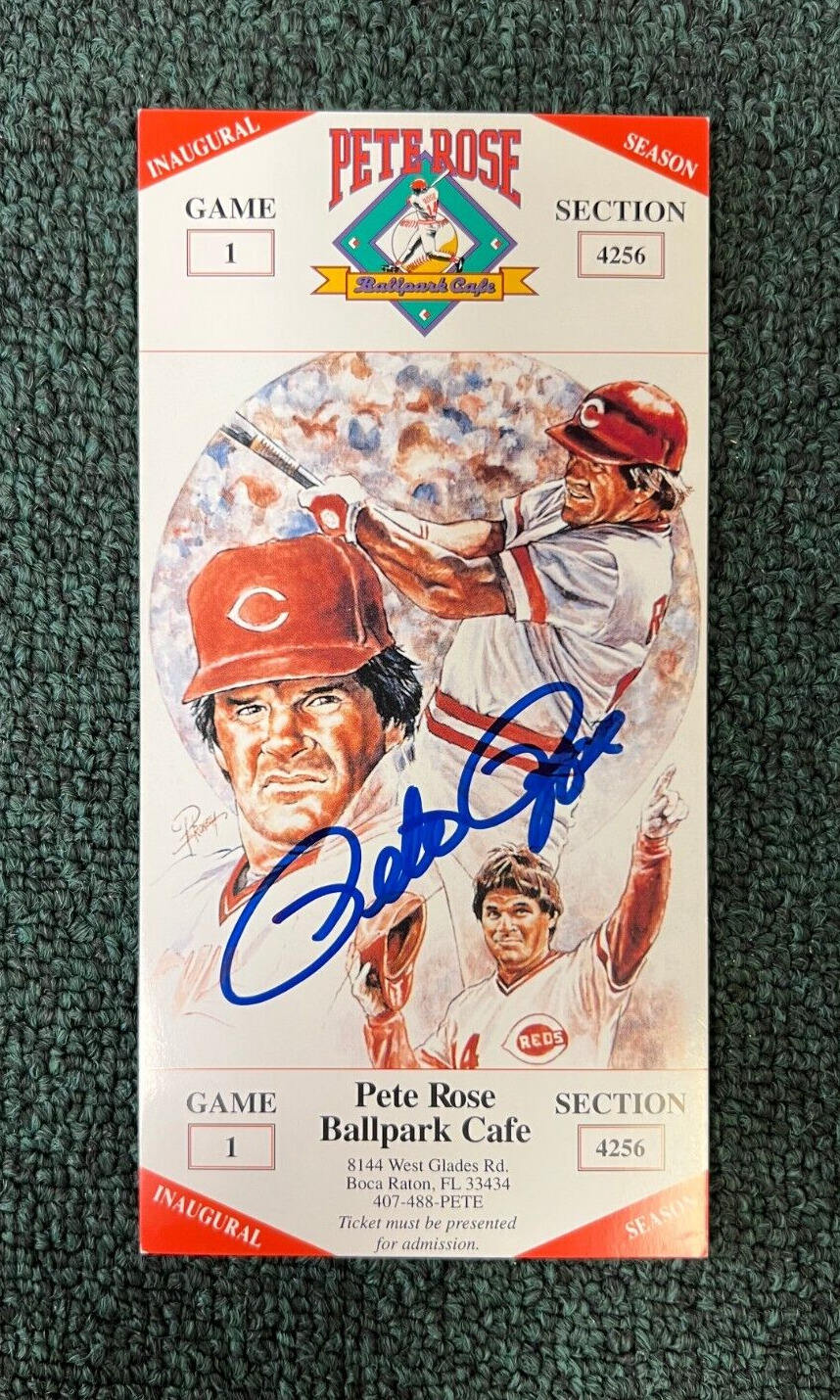 PETE ROSE PHILLIES SIGNED AUTO ALL TIME HIT KING BALLPARK CAFE TICKET W/COA B