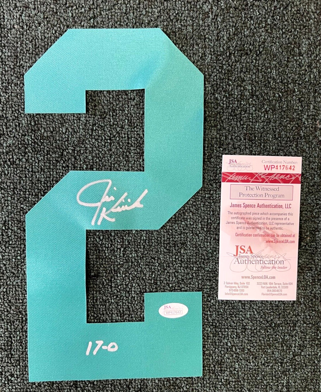 JIM KIICK MIAMI DOLPHINS 17-0 SIGNED AUTOGRAPHED #2 JERSEY NUMBER JSA COA *