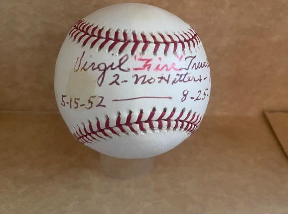 VIRGIL FIRE TRUCKS 2 NO HITTERS INSCRIBED SIGNED AUTO M.L. BASEBALL JSA AUTH