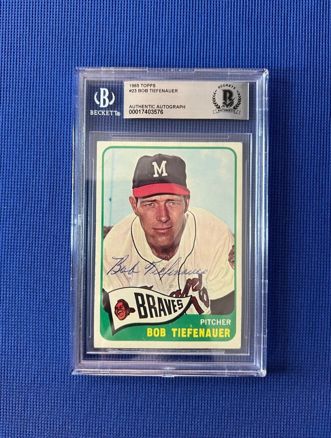 1965 TOPPS BOB TIEFENAUER MILWAUKEE BRAVES SIGNED AUTOGRAPHED CARD #23 BECKETT
