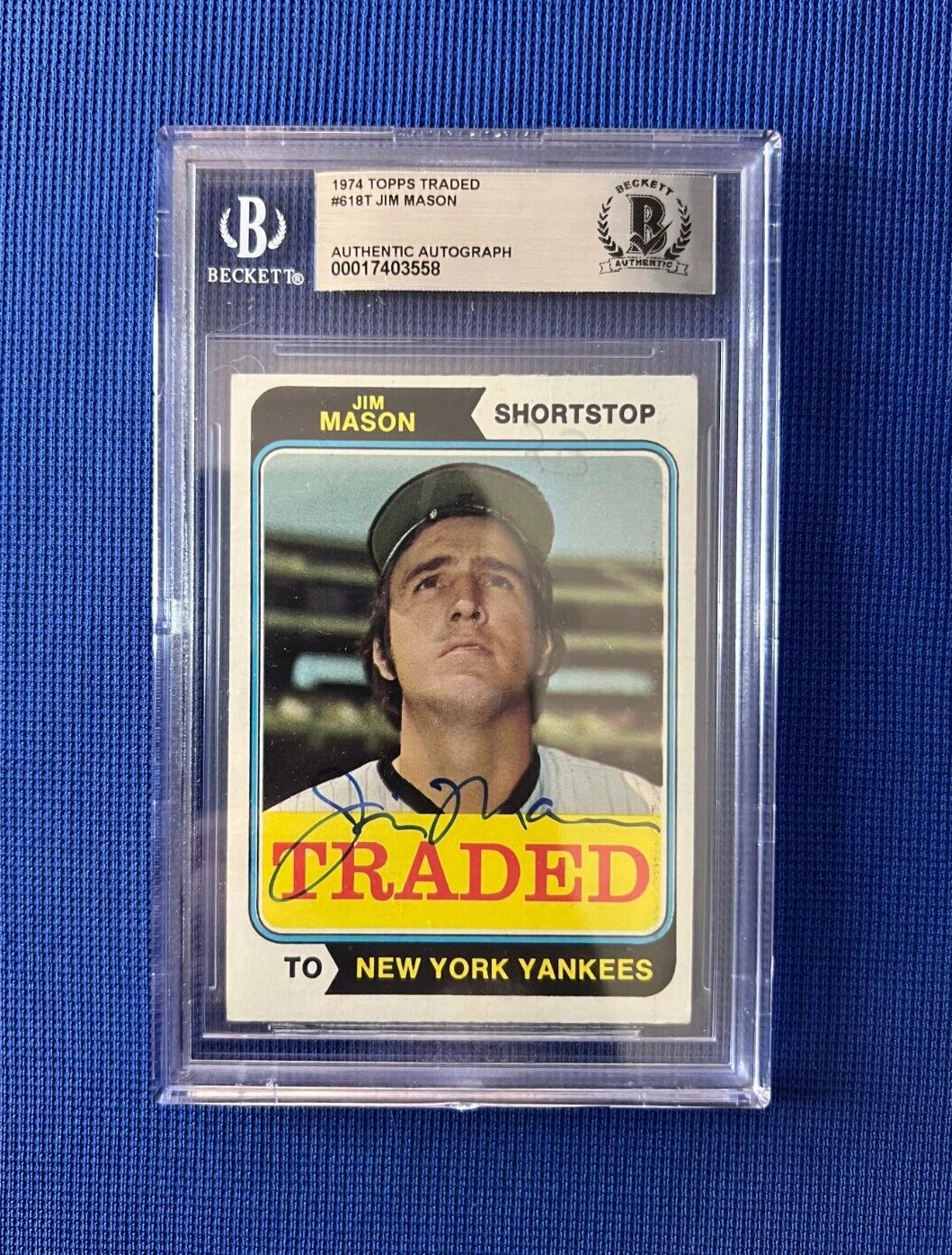 1974 TOPPS TRADED JIM MASON NEW YORK YANKEES SIGNED AUTOGRAPHED #618T BECKETT
