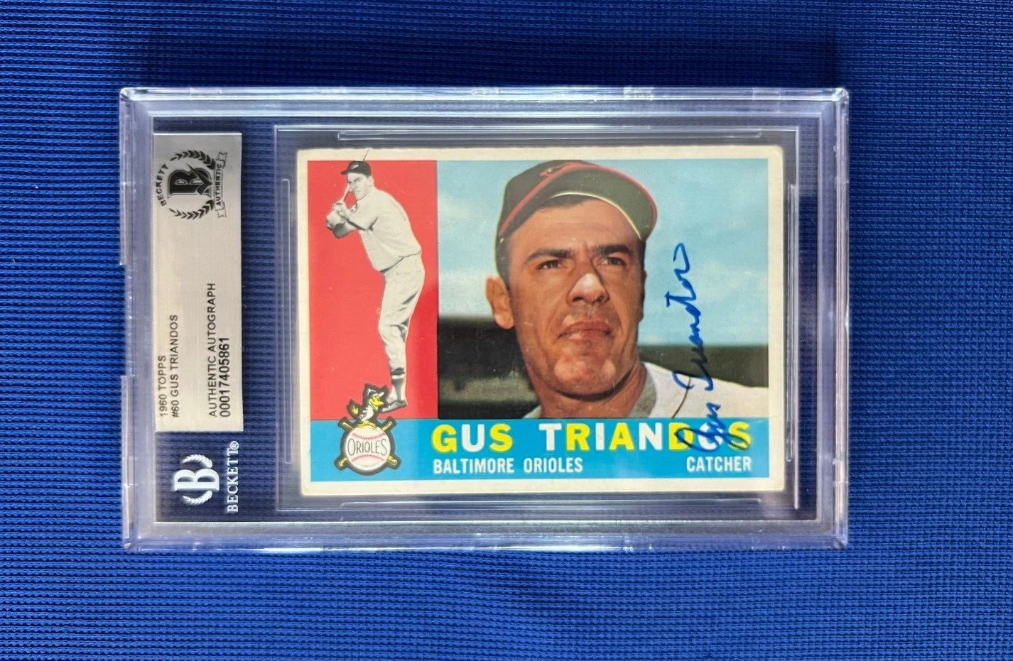 1960 TOPPS GUS TRIANDOS BALTIMORE ORIOLES SIGNED AUTOGRAPHED #60 CARD BECKETT COLLECTIBLE MEMORABILIA