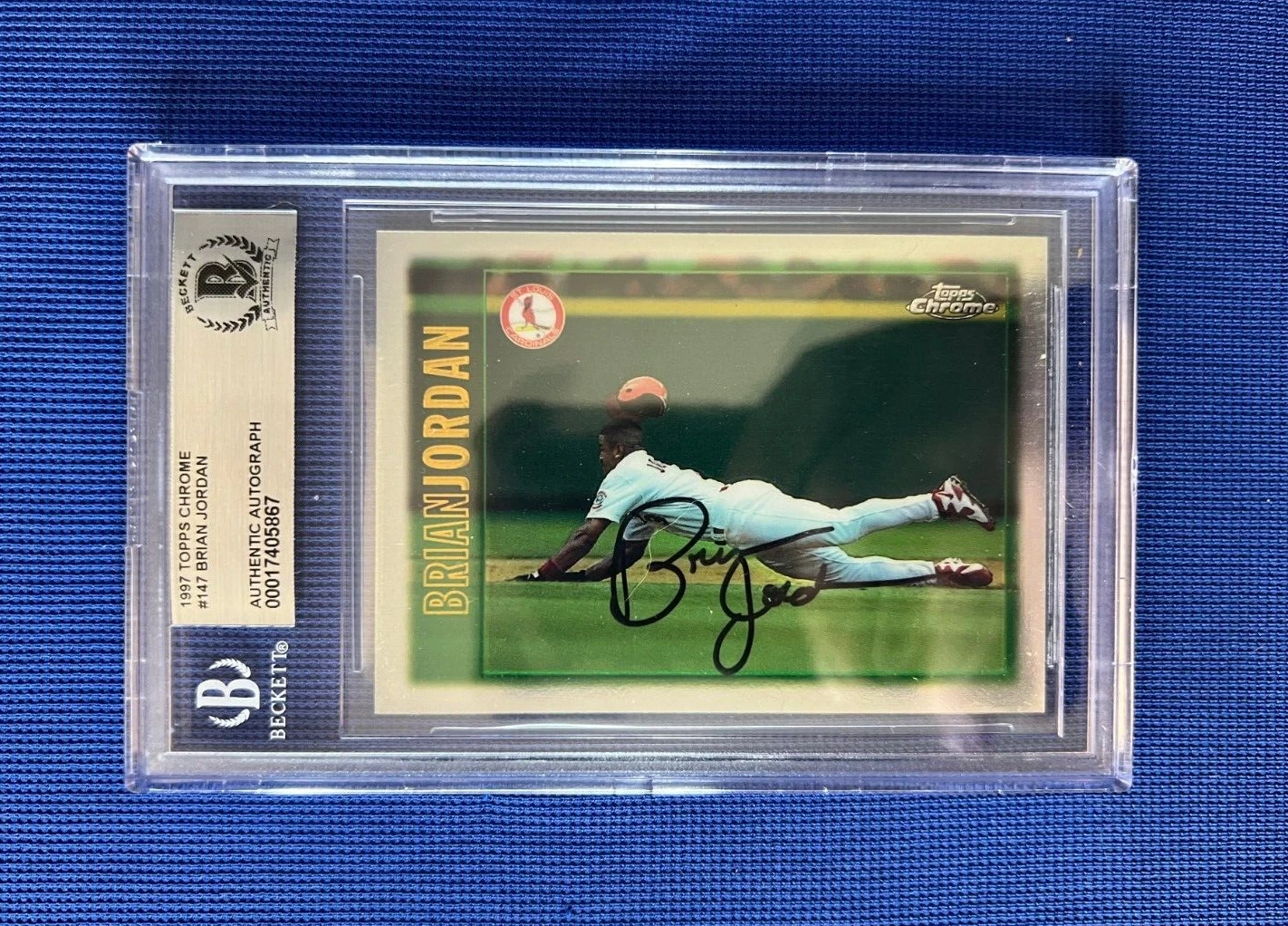 1997 TOPPS CHROME BRIAN JORDAN ST. LOUIS CARDINALS SIGNED AUTOGRAPH #147 BECKETT