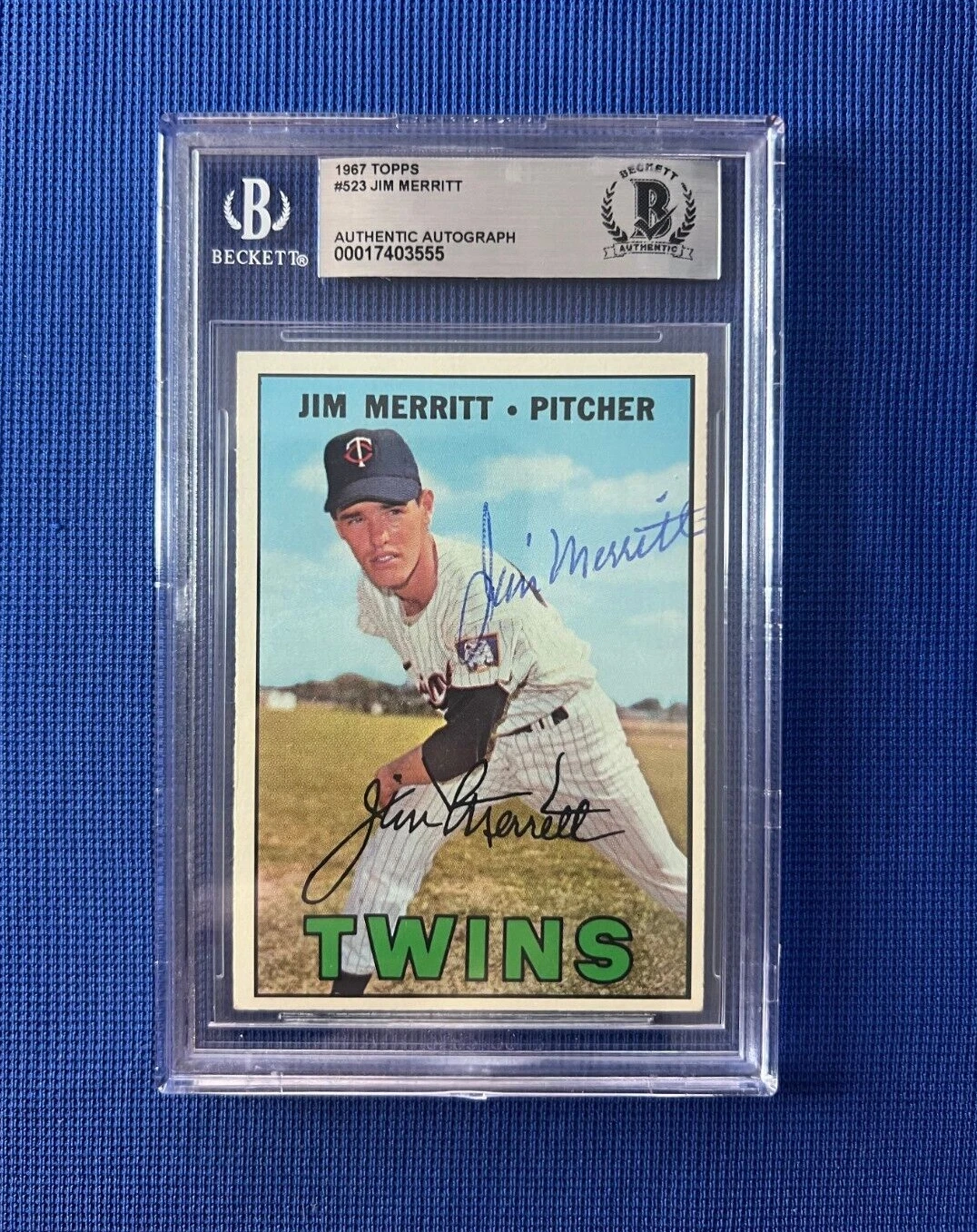 1967 TOPPS JIM MERRITT MINNESOTA TWINS SIGNED AUTOGRAPHED CARD #523 BECKETT