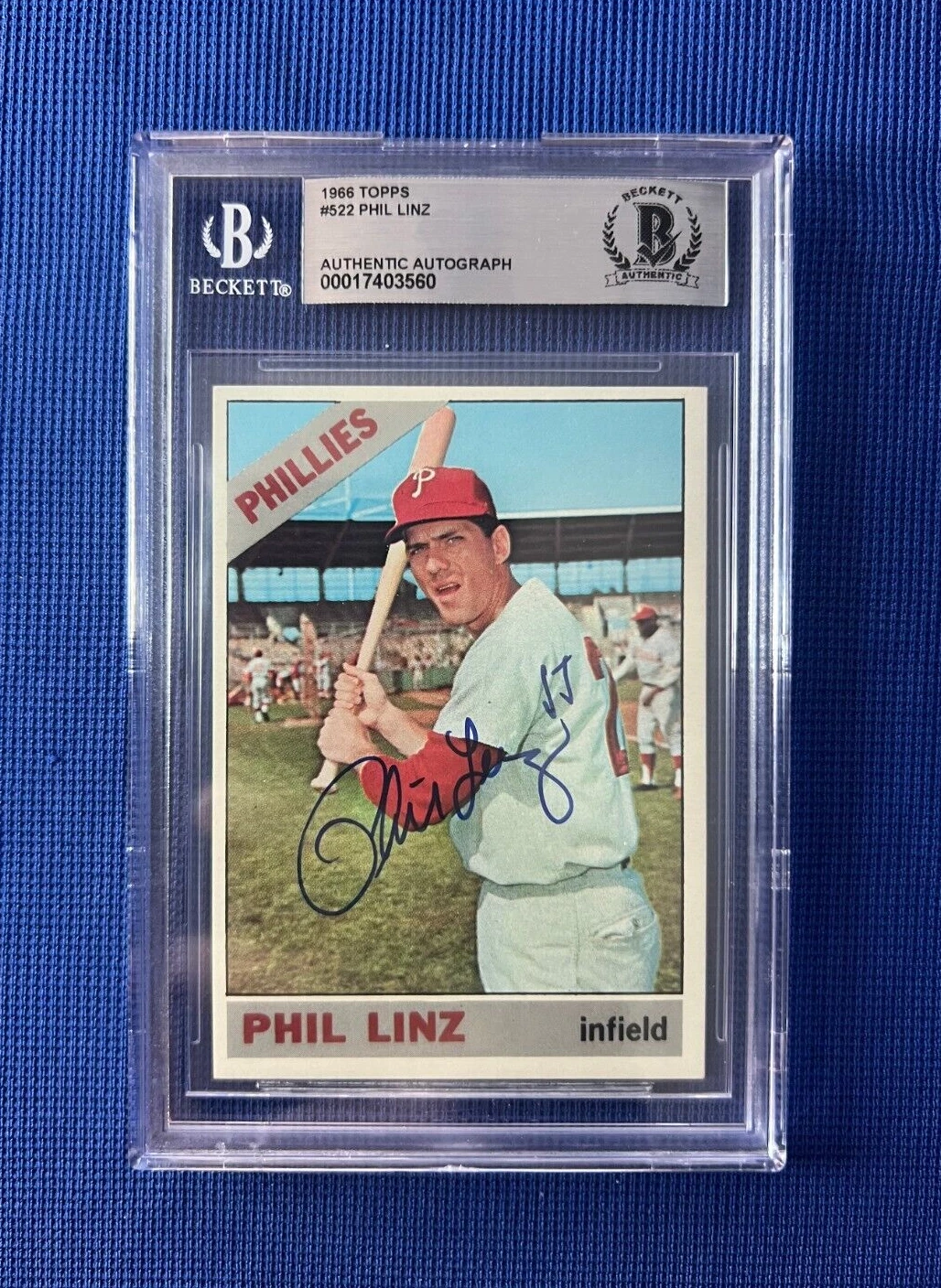 1966 TOPPS PHIL LINZ PHILADELPHIA PHILLIES SIGNED AUTOGRAPHED CARD #522 BECKETT