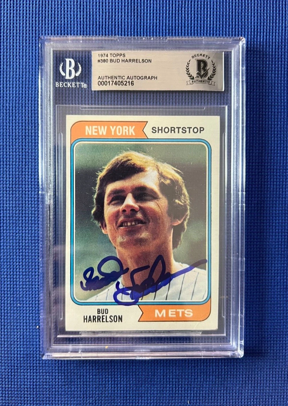 1974 TOPPS BUD HARRELSON NEW YORK METS SIGNED AUTOGRAPHED CARD #380 BECKETT