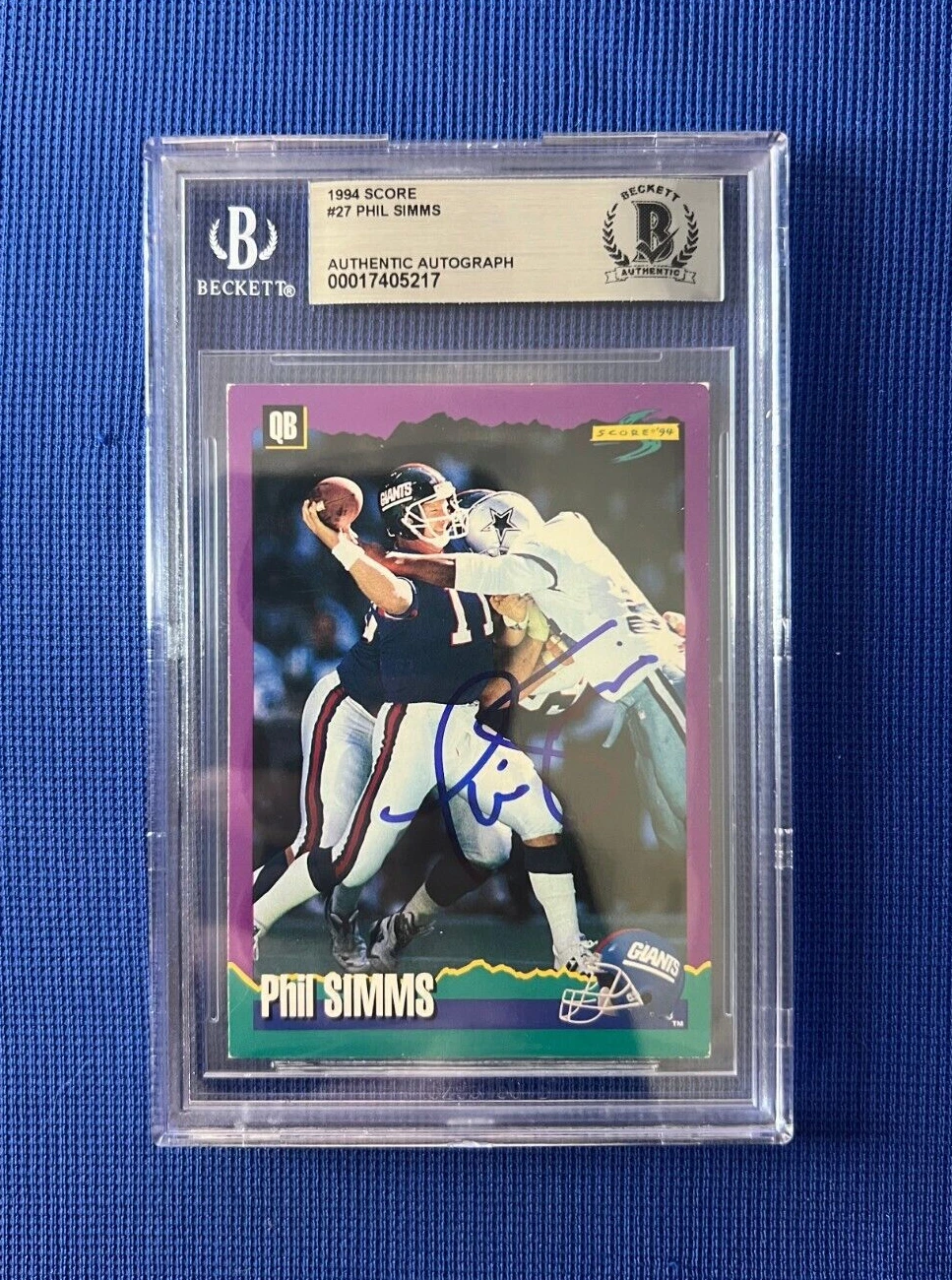 1994 SCORE PHIL SIMMS NEW YORK GIANTS SIGNED AUTOGRAPHED CARD #27 BECKETT