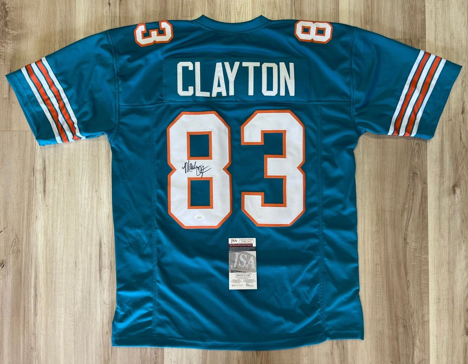 MARK CLAYTON #83 MIAMI DOLPHINS AUTOGRAPHED SIGNED TEAL JERSEY JSA COA *