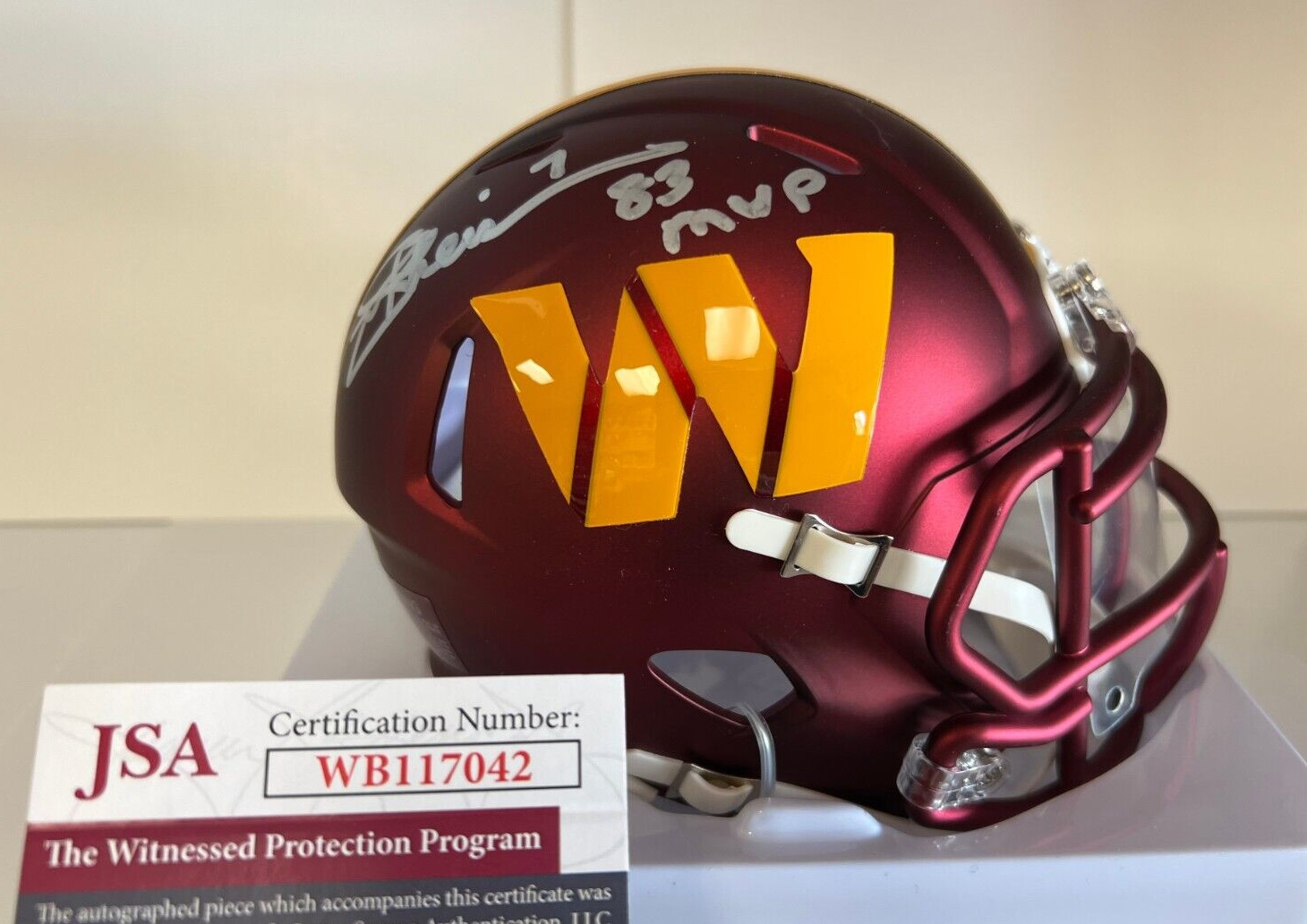 JOE THEISMANN 83 MVP REDSKINS SIGNED AUTOGRAPHED SPEED MINI HELMET JSA COA