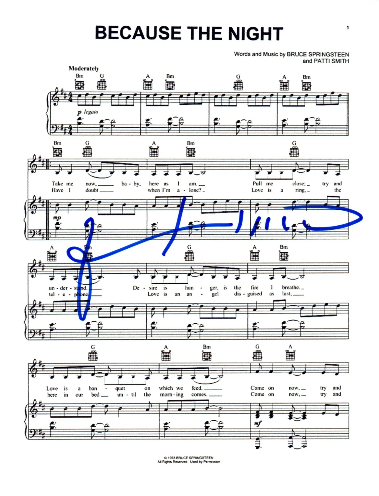 Patti Smith Signed Autograph Because The Night Sheet Music Bruce Springsteen COA