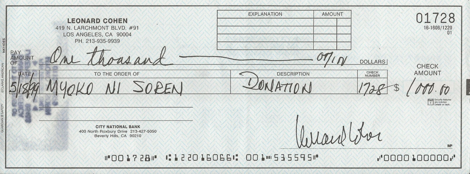 LEONARD COHEN REAL HAND SIGNED FULL SIZE PERSONAL CHECK #1 JSA COA AUTOGRAPHED COLLECTIBLE MEMORABILIA