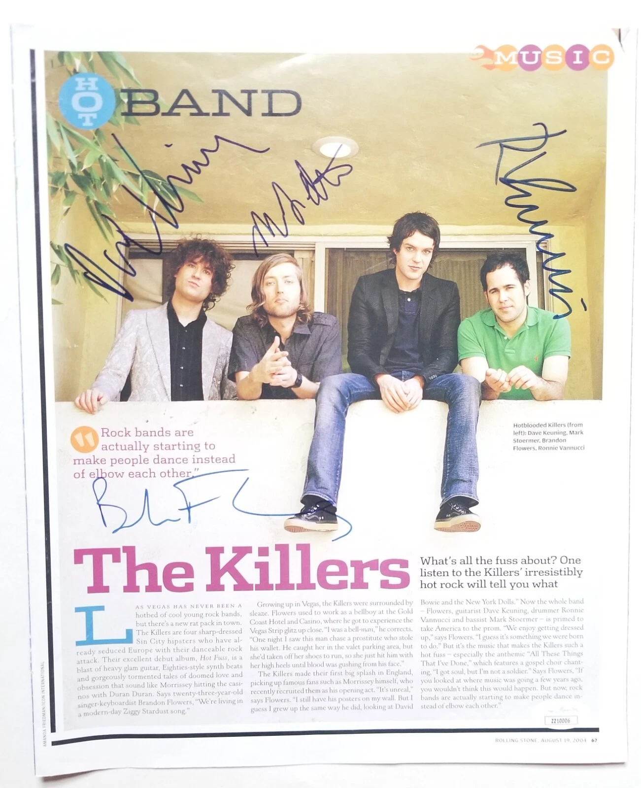 The Killers REAL hand SIGNED Magazine Page JSA LOA Autographed Brandon Flowers +