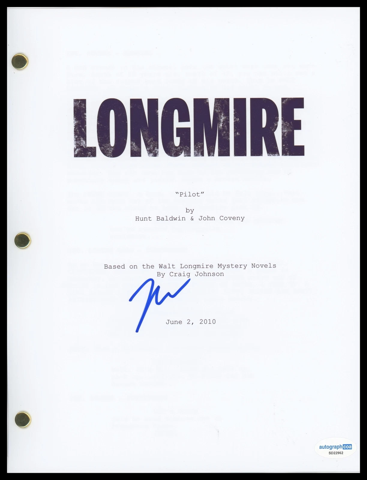 ZAHN MCCLARNON “LONGMIRE” AUTOGRAPH SIGNED ‘MATHIAS’ PILOT EPISODE SCRIPT ACOA COLLECTIBLE MEMORABILIA