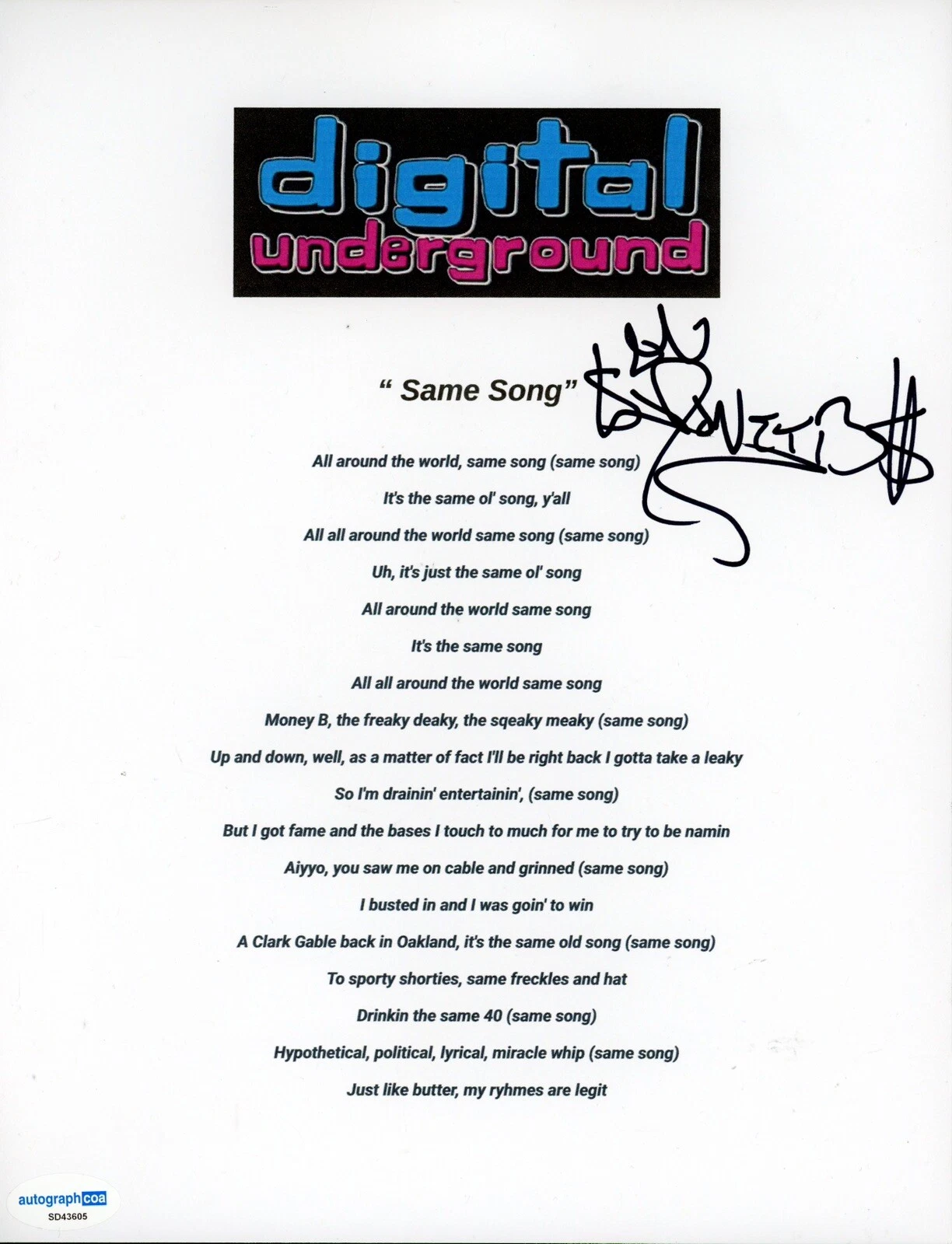 MONEY B DIGITAL UNDERGROUND SIGNED AUTOGRAPH LYRIC SHEET ACOA SAME SONG