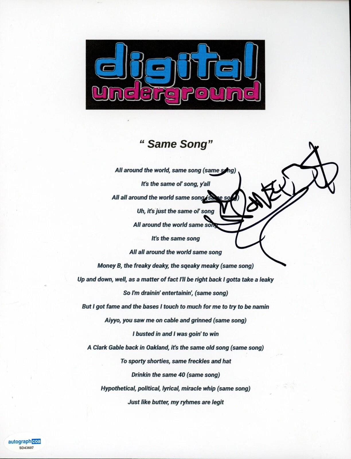 MONEY B DIGITAL UNDERGROUND SIGNED AUTOGRAPH LYRIC SHEET ACOA SAME SONG