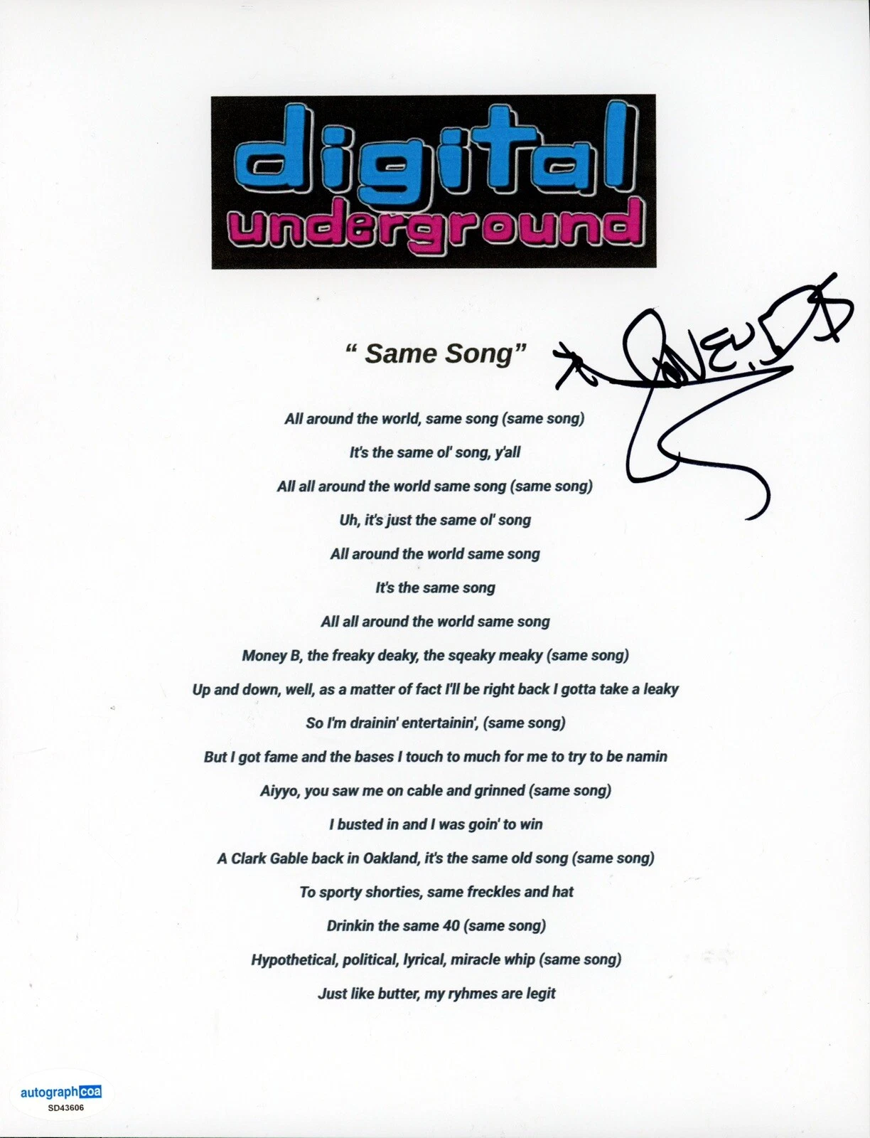 MONEY B DIGITAL UNDERGROUND SIGNED AUTOGRAPH LYRIC SHEET ACOA SAME SONG