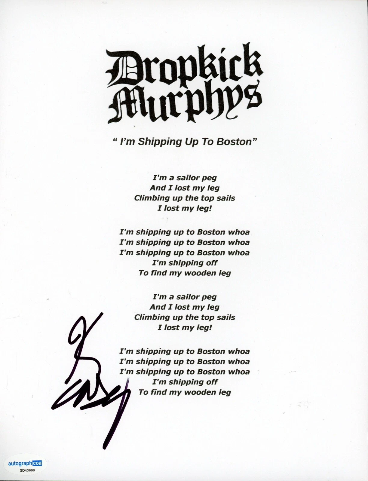 KEN CASEY DROPKICK MURPHYS SIGNED AUTOGRAPH LYRIC SHEET ACOA SHIPPING UP BOSTON