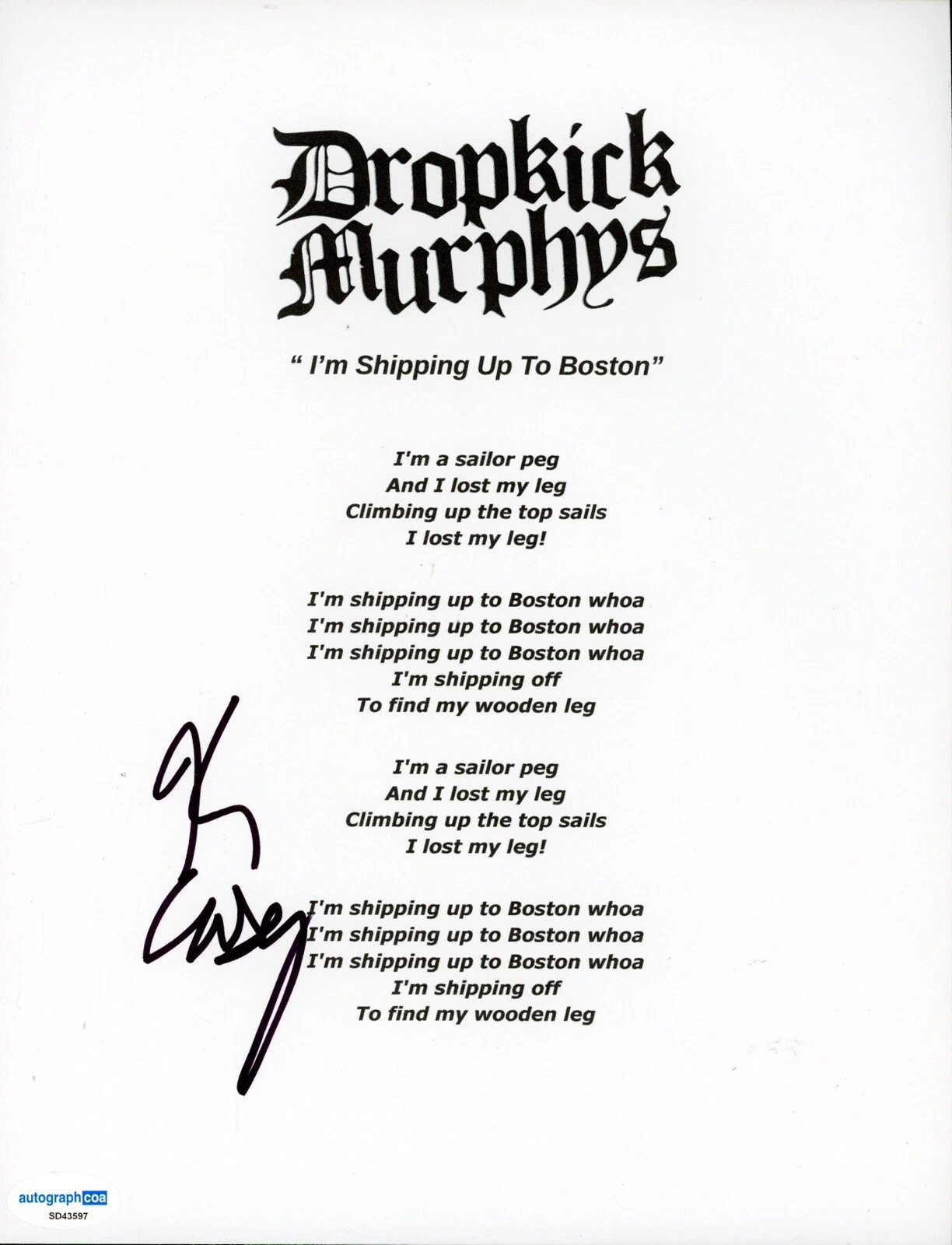 KEN CASEY DROPKICK MURPHYS SIGNED AUTOGRAPH LYRIC SHEET ACOA SHIPPING UP BOSTON