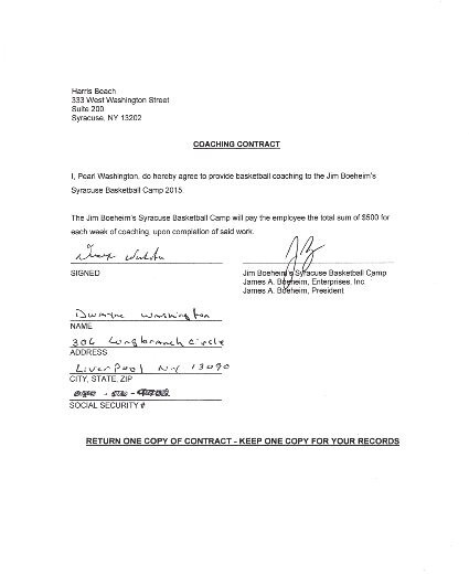 PEARL WASHINGTON HAND SIGNED CONTRACT FOR 2015 BOEHEIM FANTASY CAMP+COA RARE