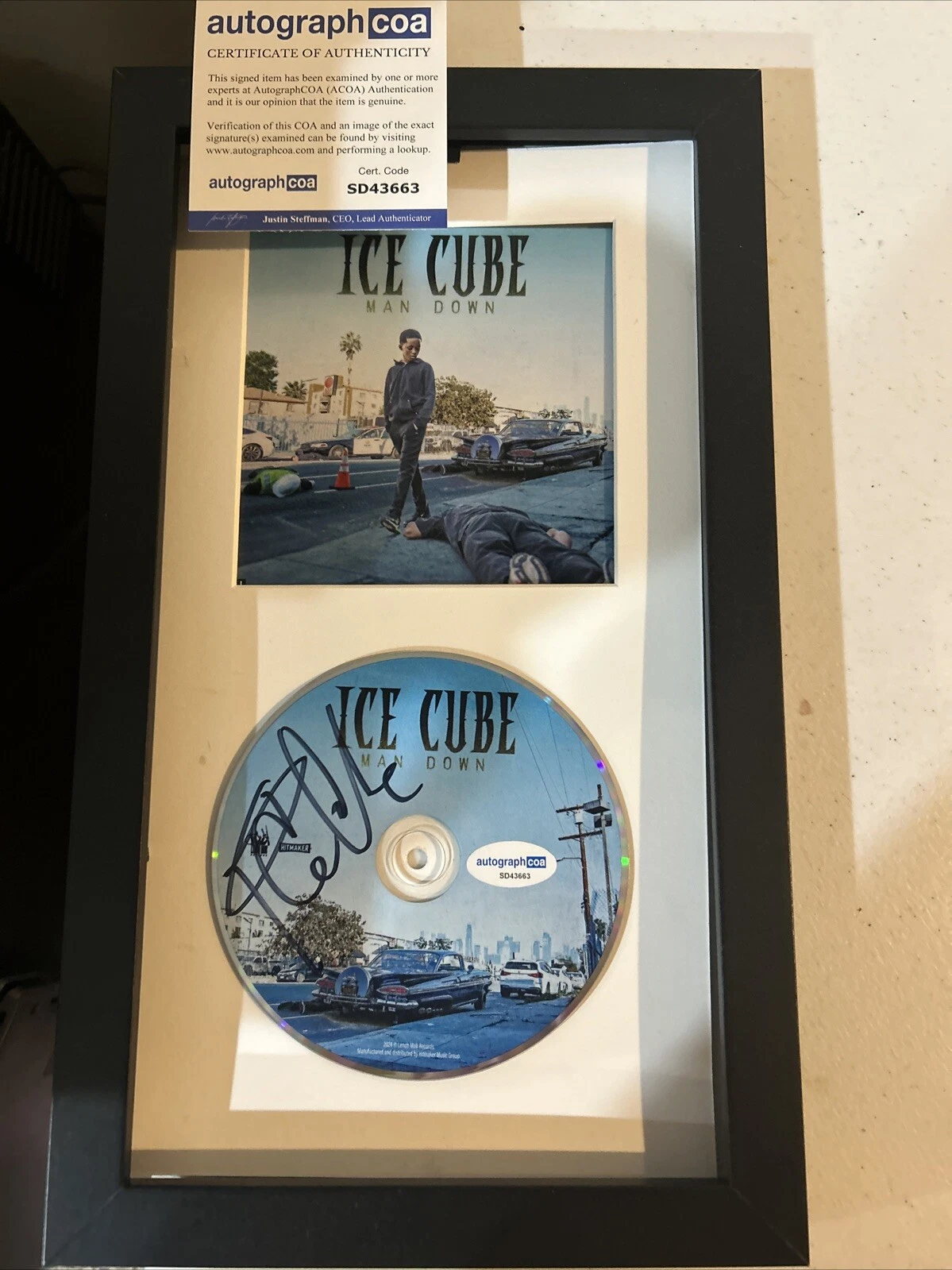 ICE CUBE SIGNED AUTOGRAPH FRAMED CD DISPLAY ACOA MAN DOWN ALBUM NWA RAP LEGEND