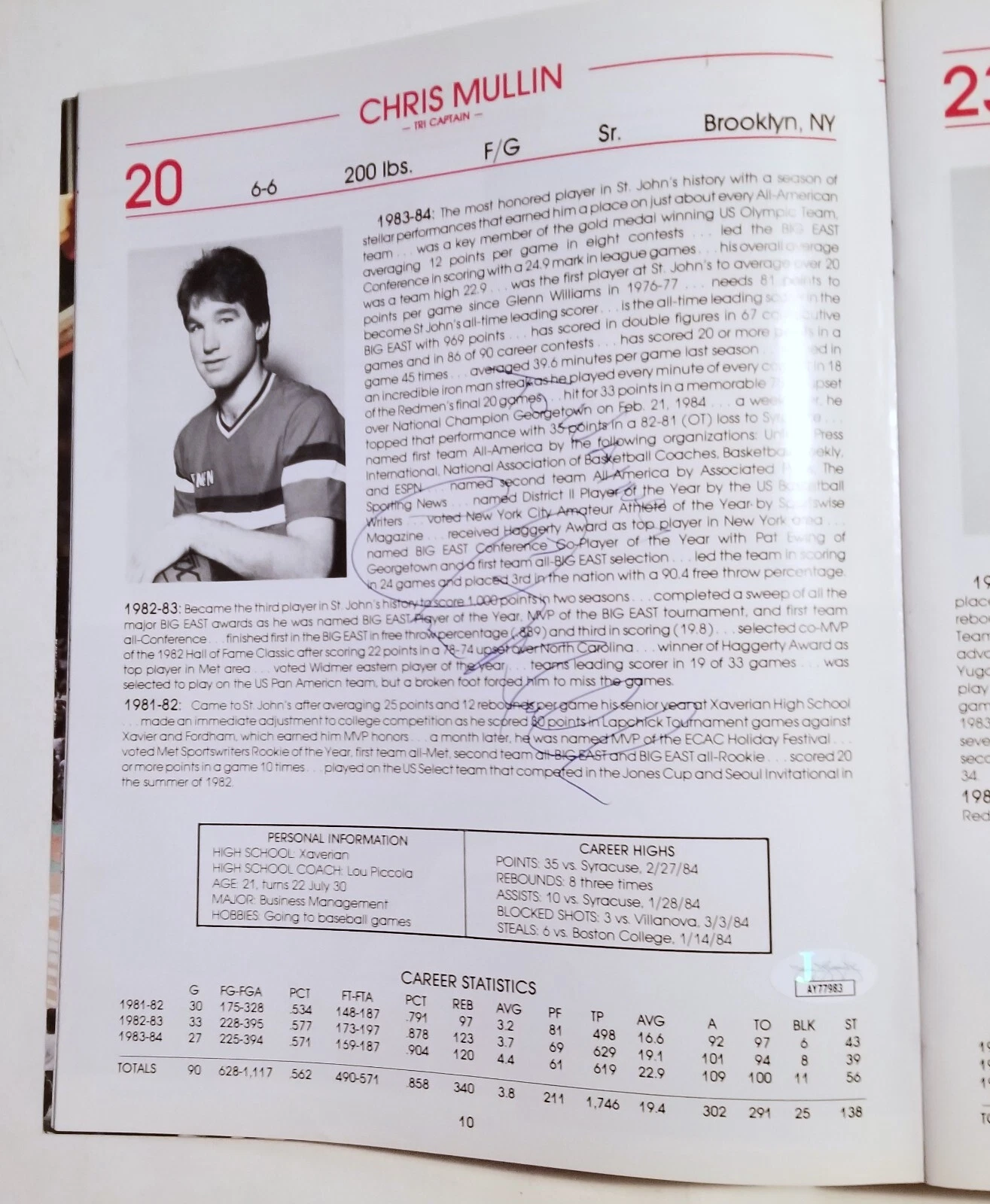 Chris Mullin SIGNED 1984-85 St. John's Basketball Roster/Schedule Book JSA COA