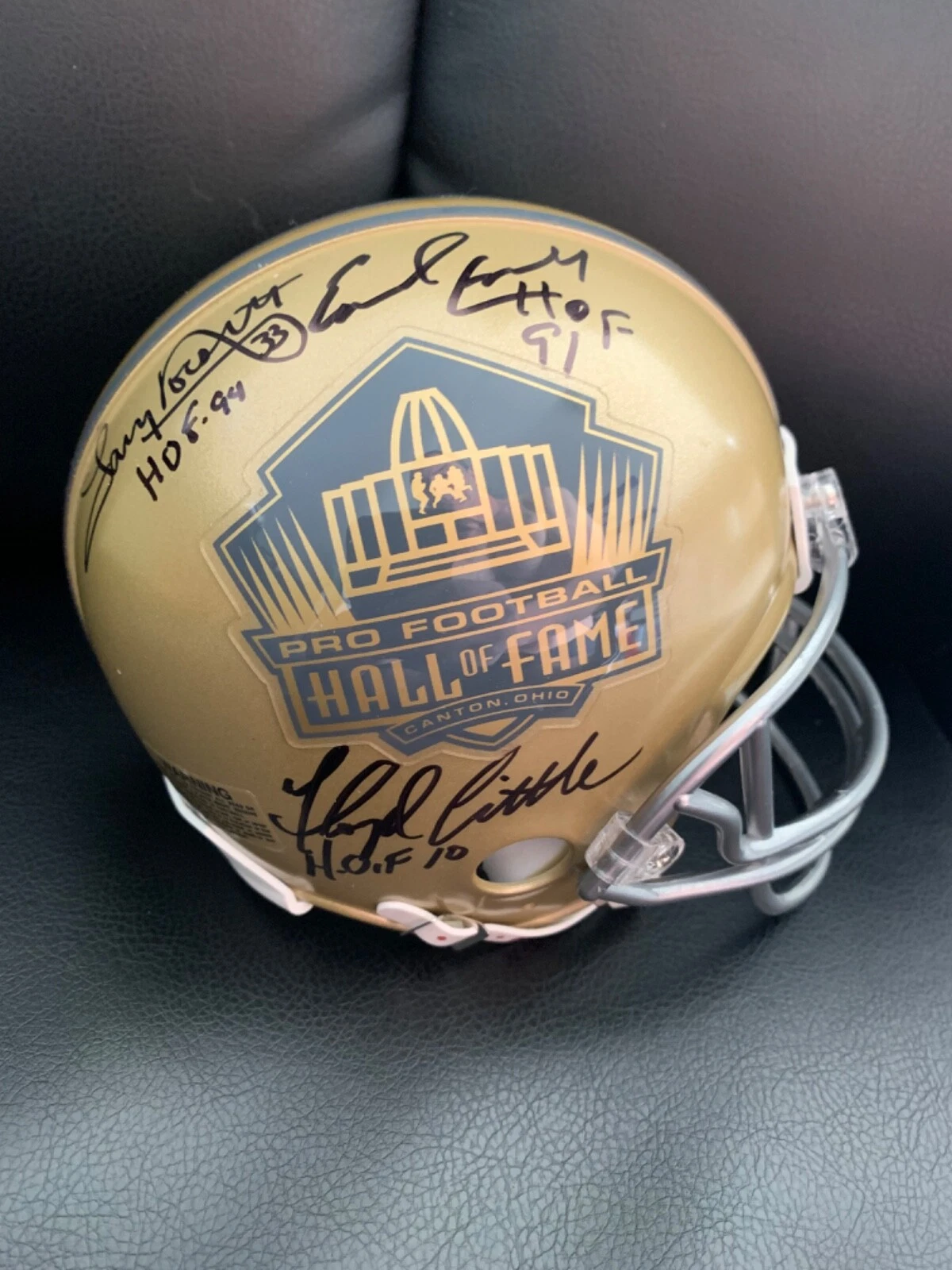 FLOYD LITTLE+EARL CAMPBELL+TONY DORSETT+LENNY MOORE SIGNED HOF MINI HELMET+JSA