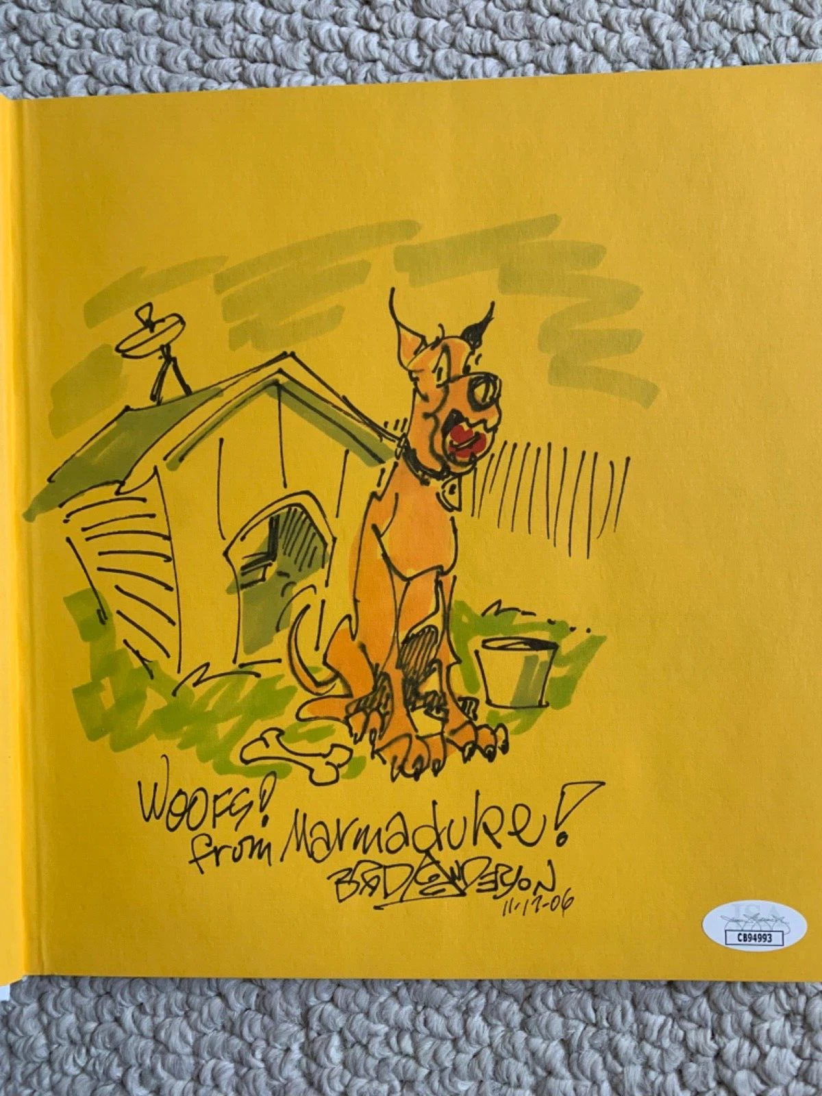BRAD ANDERSON ORIGINAL COLOR DRAWING IN “MARMADUKE AT 50” BOOK+JSA MARMADUKE COLLECTIBLE MEMORABILIA