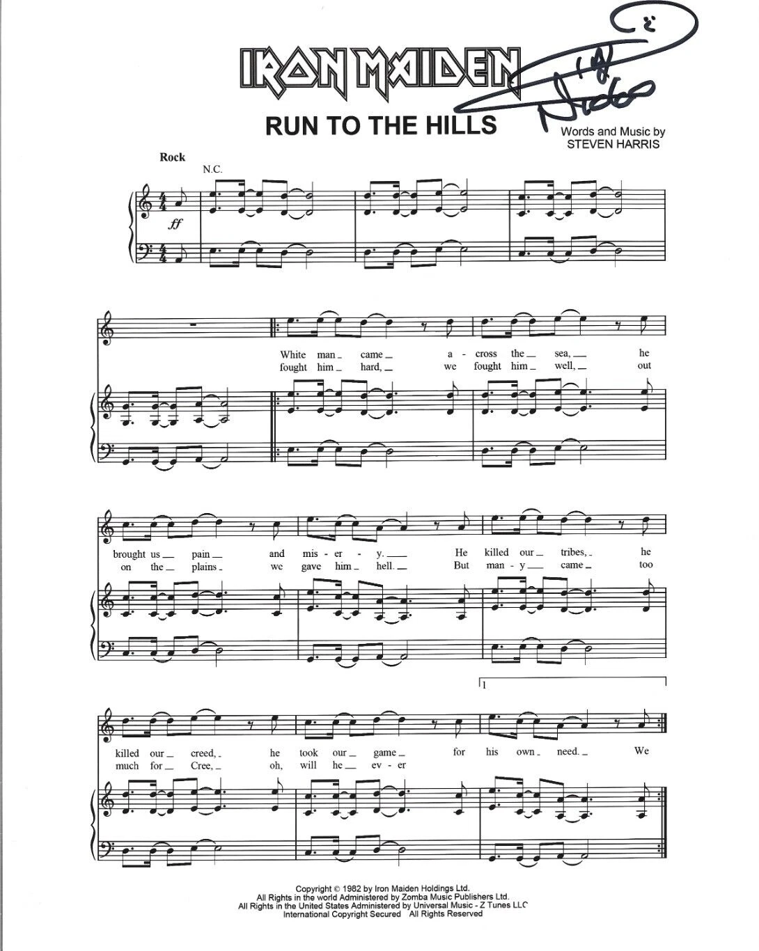 Nicko McBrain of Iron Maiden SIGNED Run To The Hils Sheet Music COA Autographed