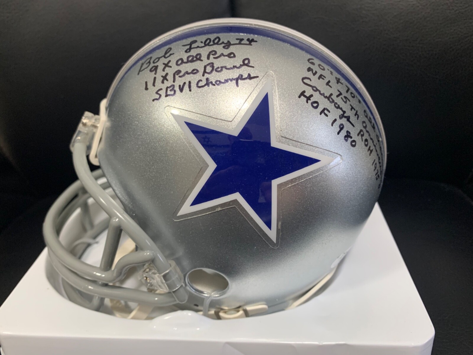 BOB LILLY HAND SIGNED DALLAS COWBOYS MINI HELMET 7 INSCRIPTIONS JSA