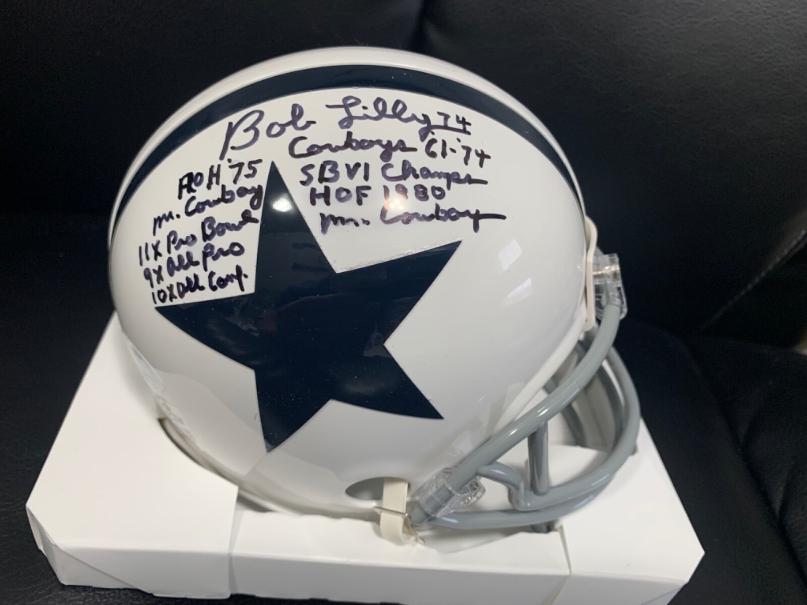 BOB LILLY HAND SIGNED WHITE COWBOYS MINI HELMET 15 INSCRIPTIONS JSA