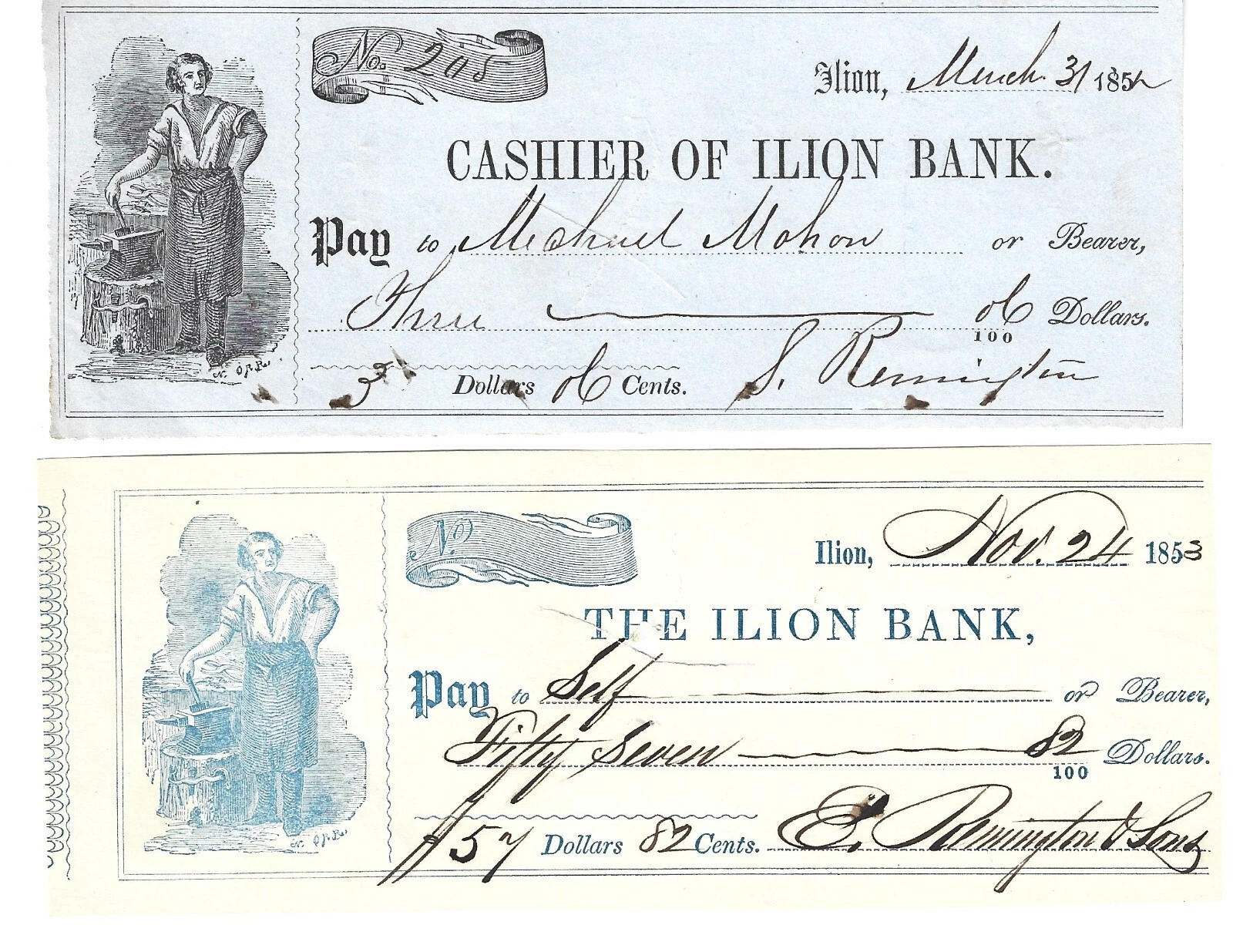 E. Remington & Sons SIGNED Set of 2 Personal Checks Lot COA Eliphalet & Samuel