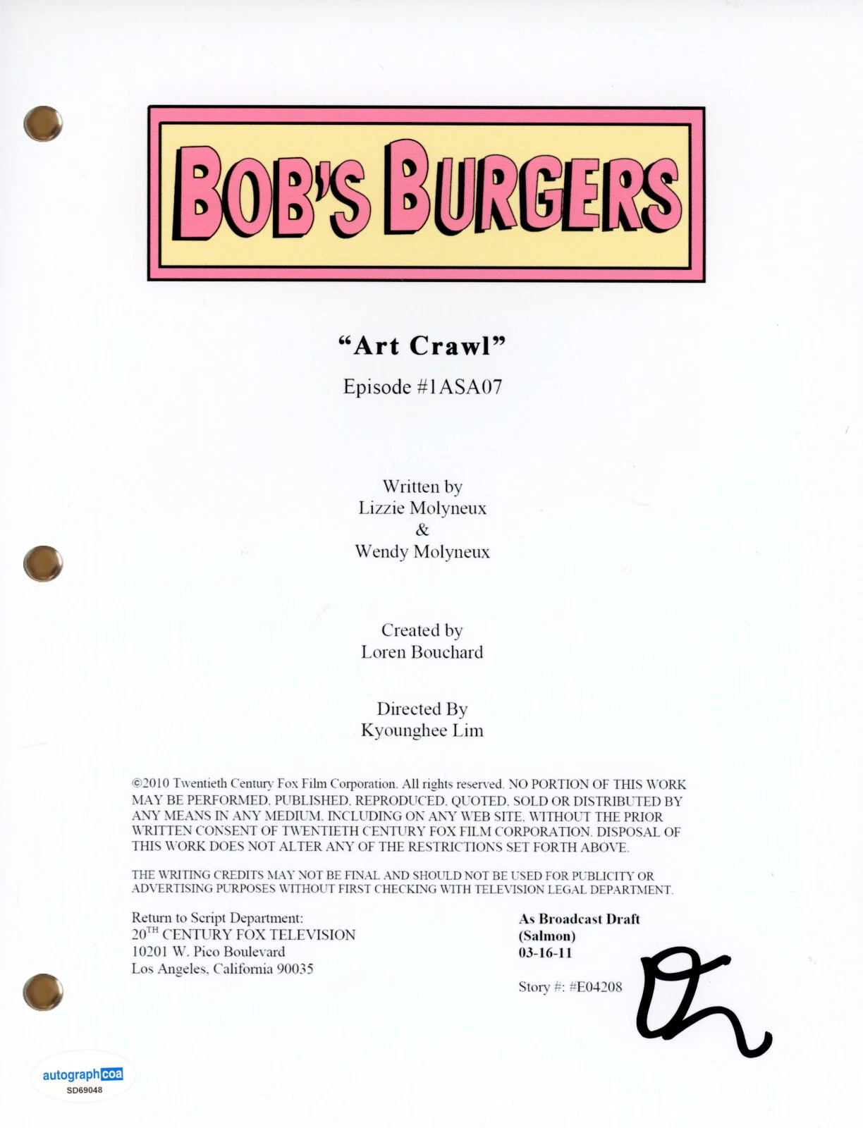 Dan Mintz “Bob’s Burgers” Signed Autograph ‘Art Crawl’ TV Script Screenplay ACOA