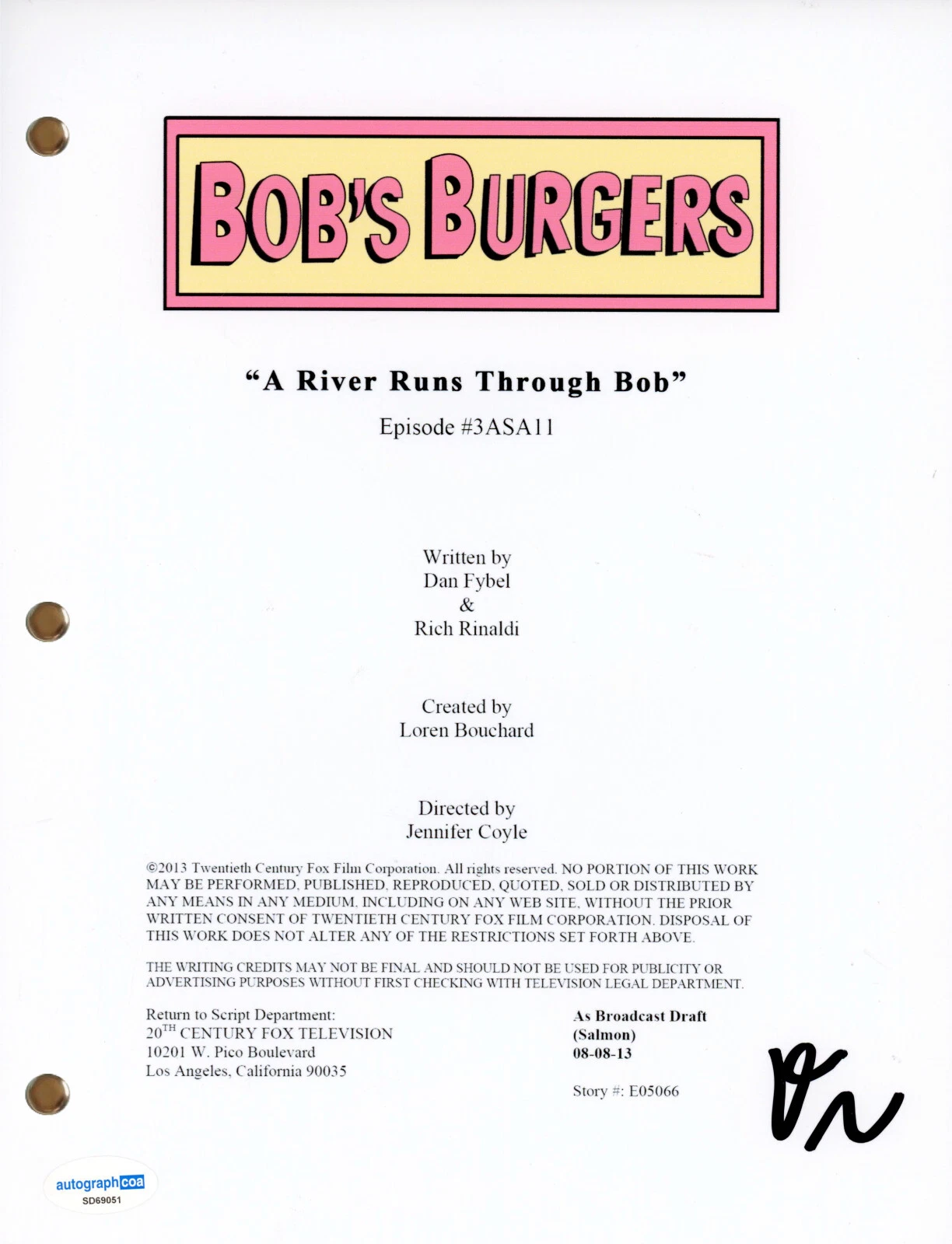 Dan Mintz “Bob’s Burgers” Signed Autograph A River Runs Through Bob Script ACOA