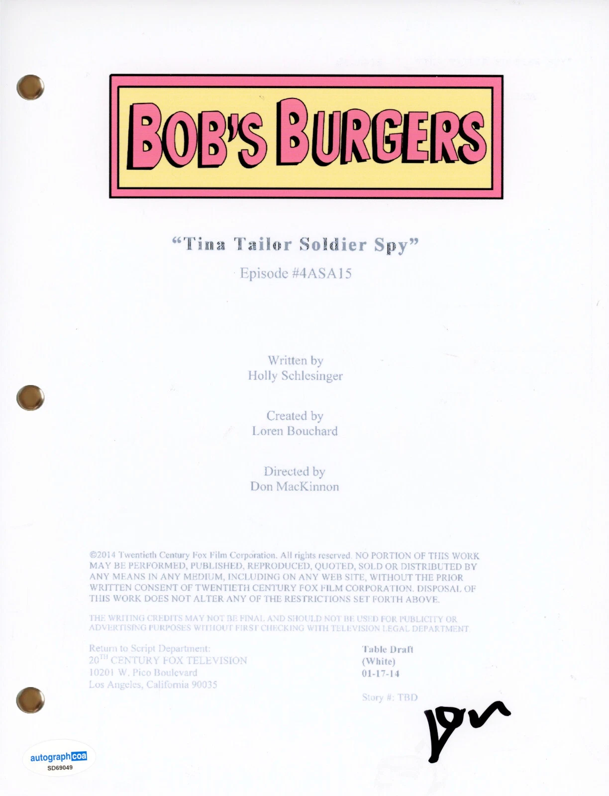 Dan Mintz “Bob’s Burgers” Signed Autograph ‘Tina Tailor Soldier Spy’ Script ACOA