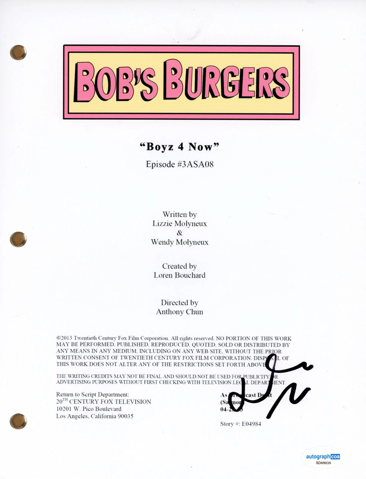 Dan Mintz “Bob’s Burgers” Signed Autograph ‘Boyz 4 Now’ Full Episode Script ACOA