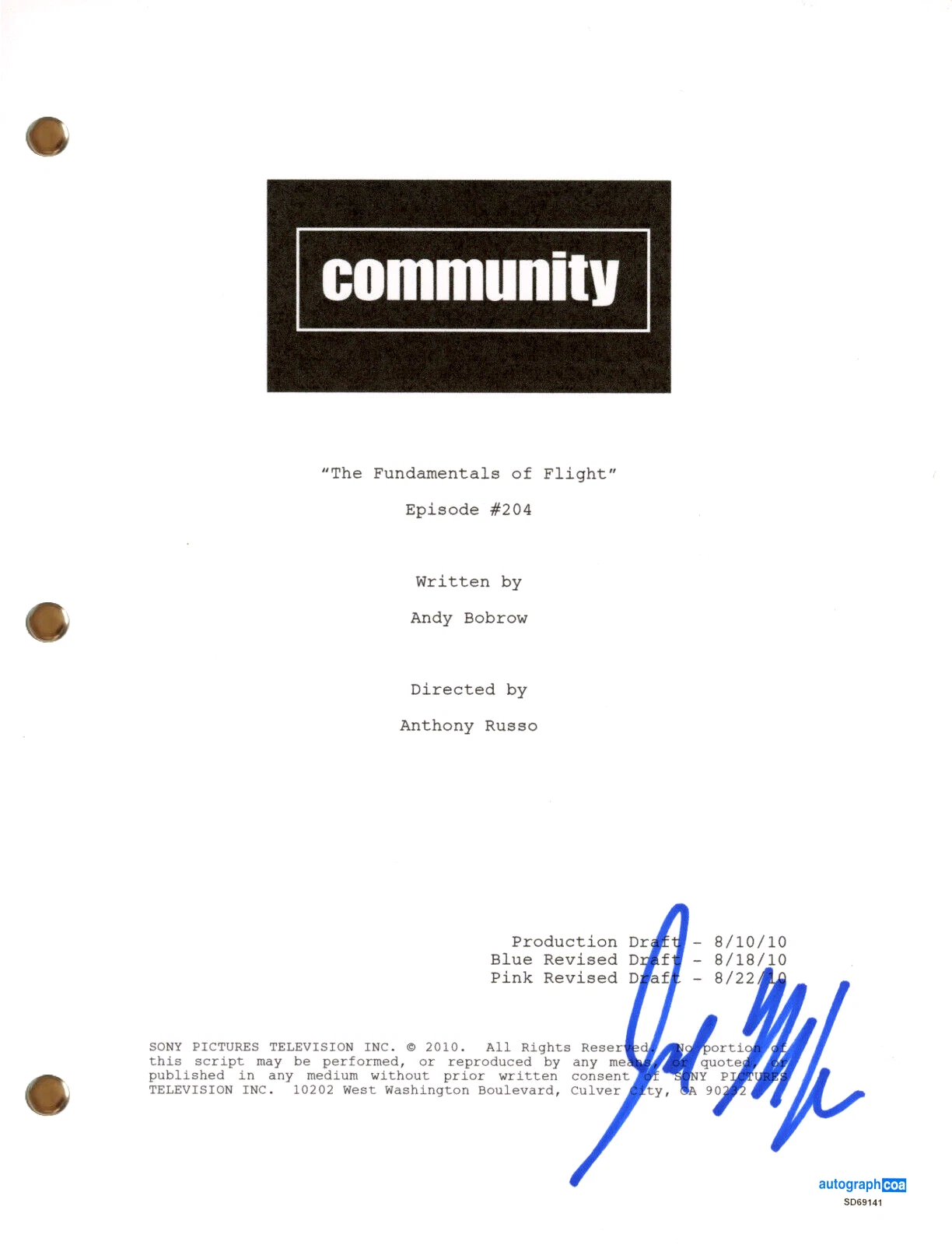 Joel McHale “Community” Signed Autograph The Fundamentals of Flight Script ACOA